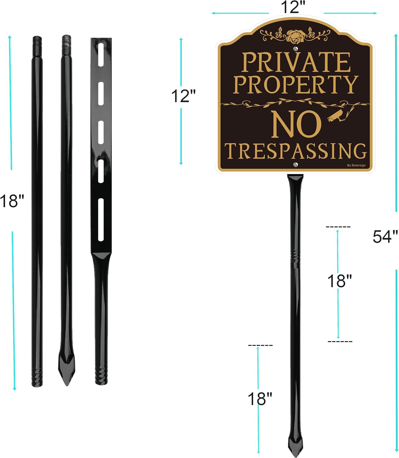2Pack No Trespassing Sign Private Property with 54 inche Metal Stakes Posts, 12" x 12" x 0.04" Aluminum Sign, Resistant to Harsh Weather, No Fading and Easy to Install