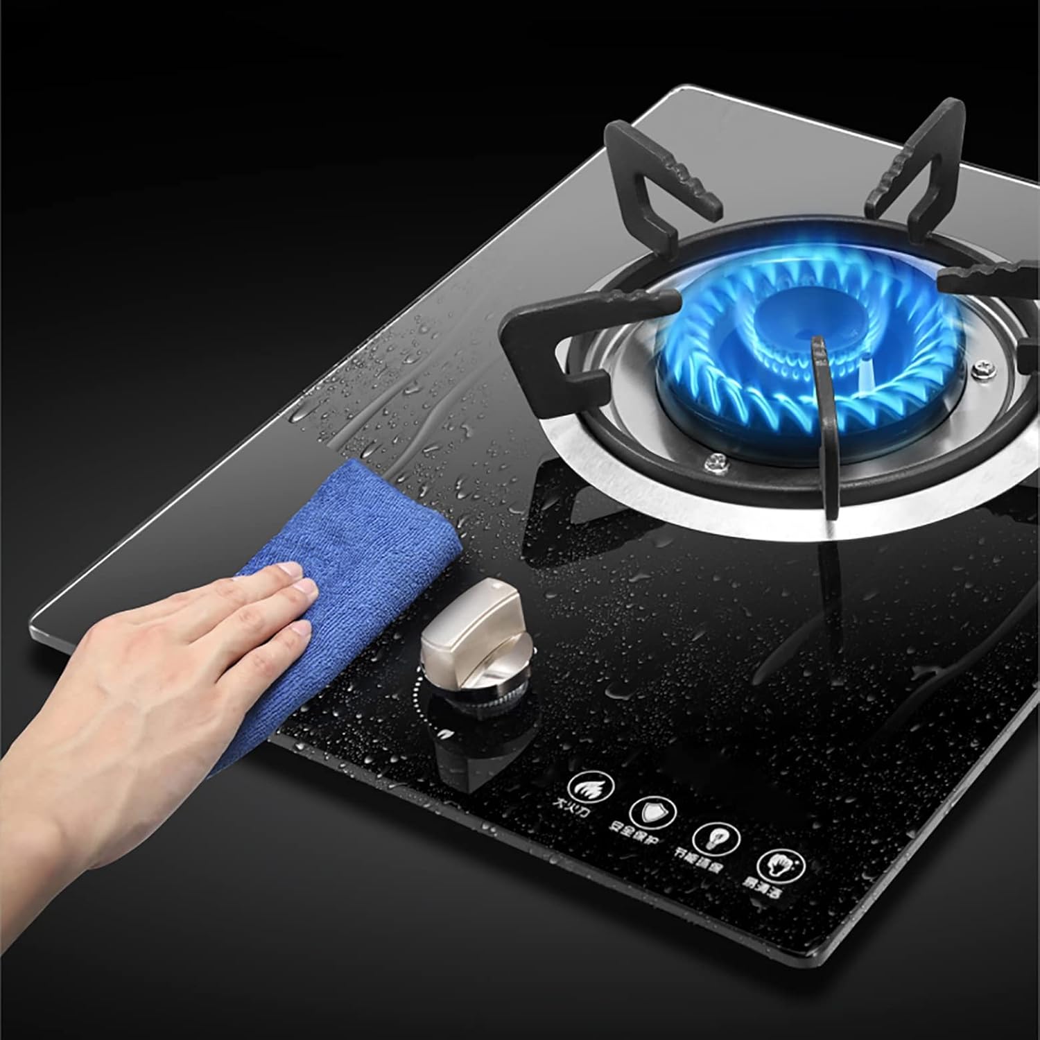Burners Gas Hob gas hob 33cm Built-in Gas Cooktop, Black Tempered Glass Gas Cooktop, Cast Iron Pan Supports, Easy Clean, Automatic Ignition, LPG NG Convertible [Energy Class A](Blue)