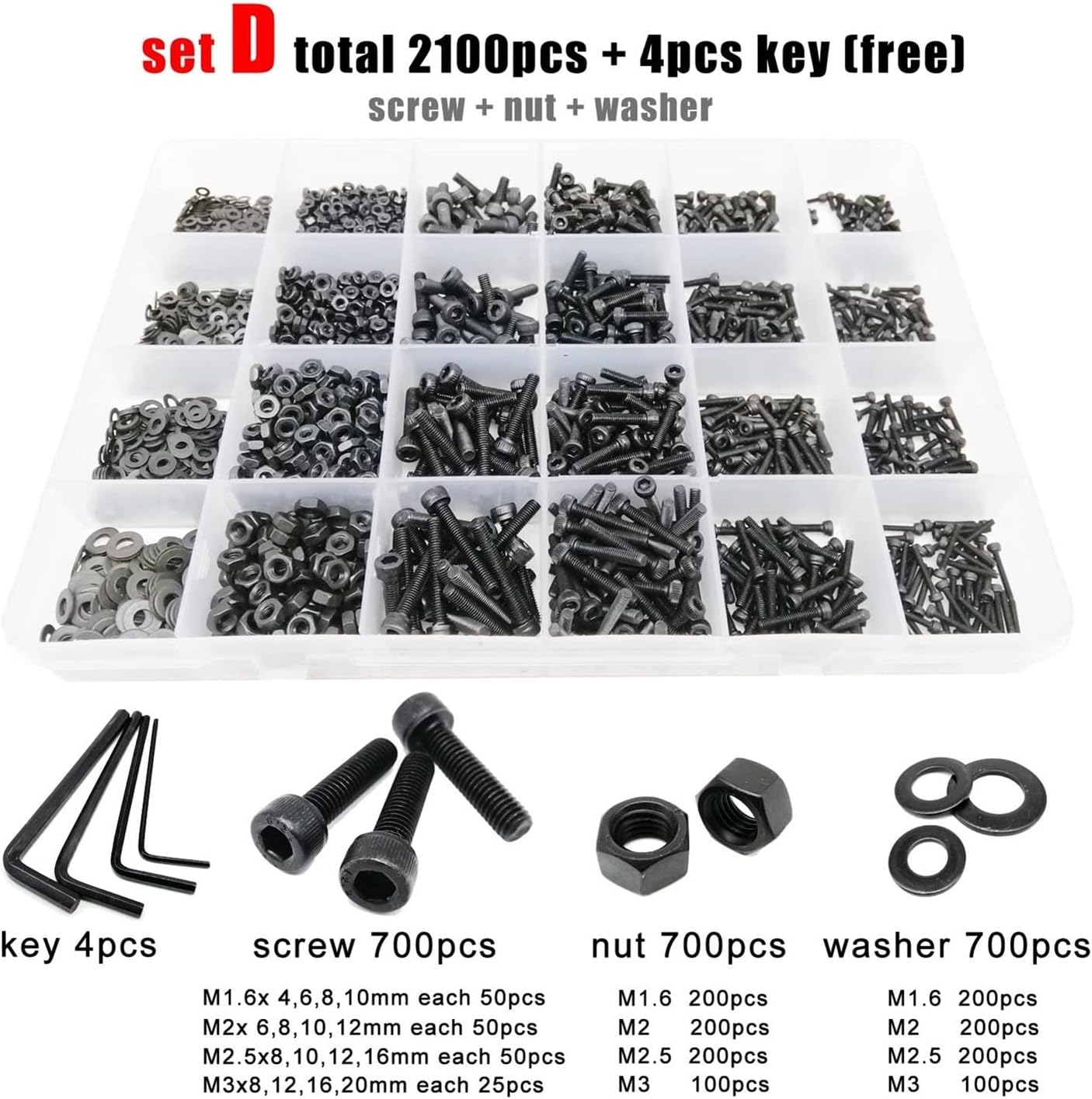 Wshao Store 400/2100pc M1.6 M2 M2.5 M3 M4 M5 Black Grade 12.9 Steel Hexagon Hex Socket Cap Head Screw Bolt Nut Washer Set Assortment Kit Box (Color : Set D 2100pcs)