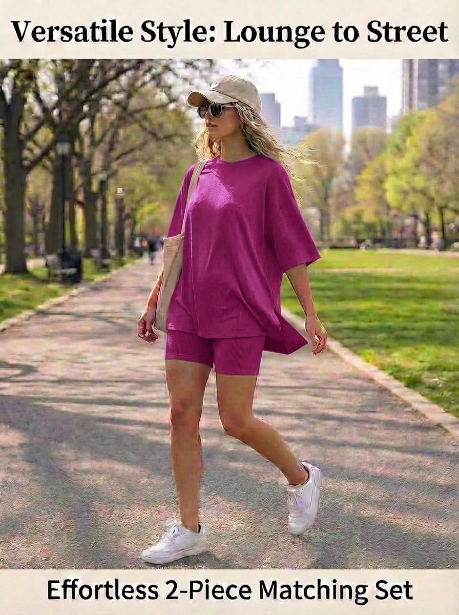 LIGHT DOT Women's 2 Piece Lounge Sets Casual Oversized Pajamas Short Sleeve Tops Biker Shorts Matching Outfits with Pocket - Image 6