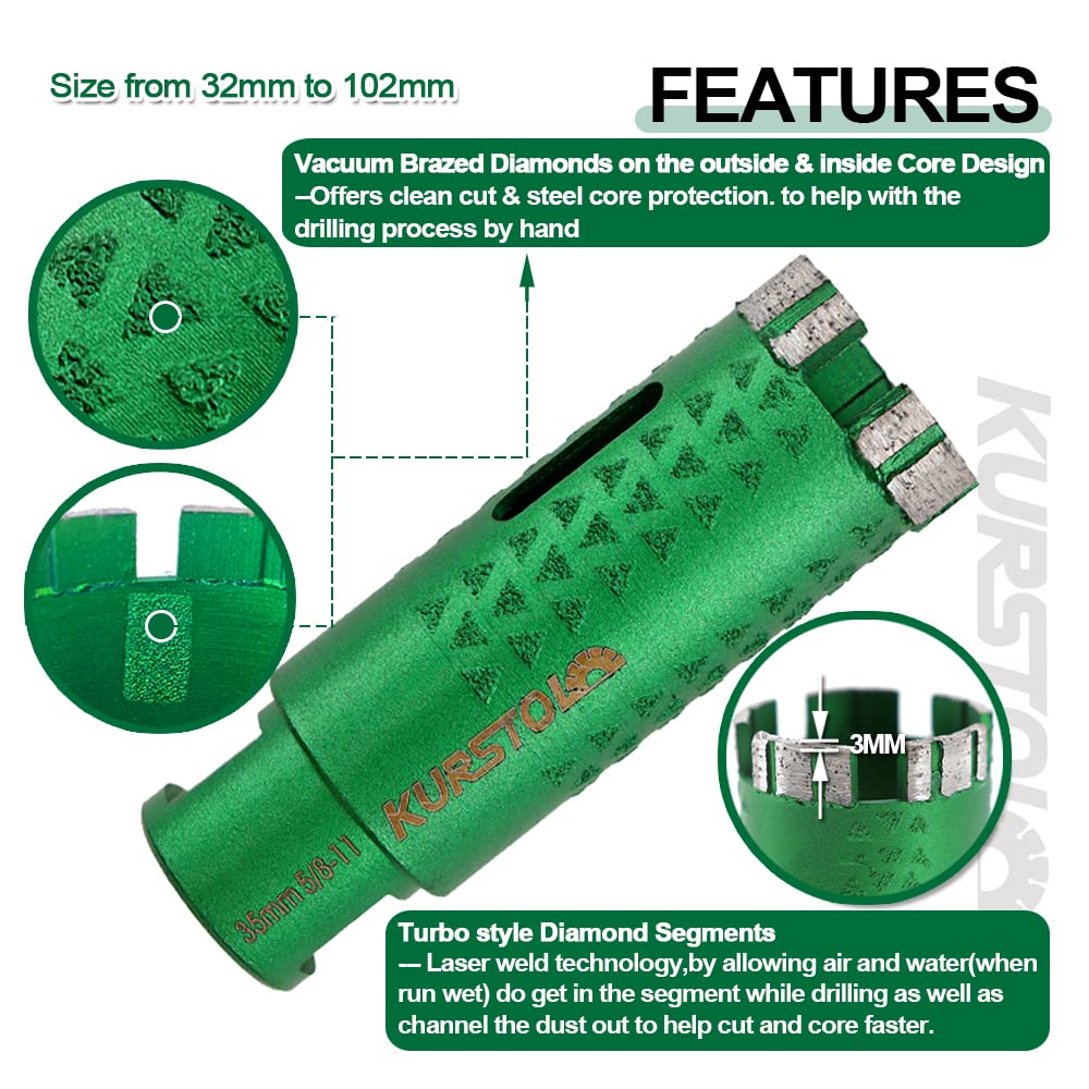 Diamond Core Drill Bits - 1-3/8 Inch with 58-11 Thread Granite Hole Saw Dry or Wet Drilling Hard Stone Marble Concrete Quartz Countertop Laser Welded Masonry Coring(35mm)