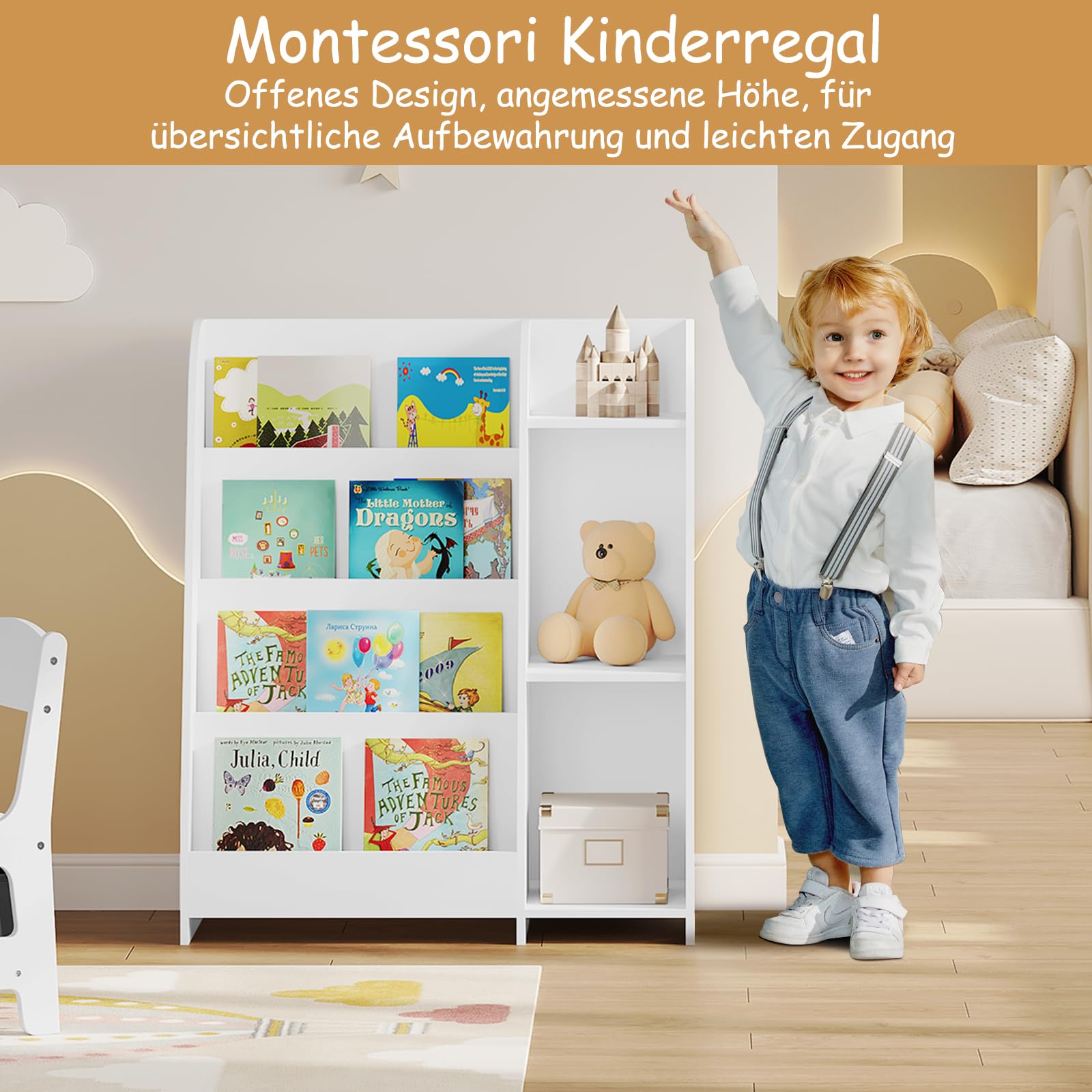 Lestarain Bücherregal Kinder, Montessori Kinderregal, Spielzeugregal, mit 4 Regalebenen und 3 Fächern, offenes Standregal Aufbewahrungsregal, für Kinderzimmer Spielzimmer, Weiß, 75x90x34,5 cm