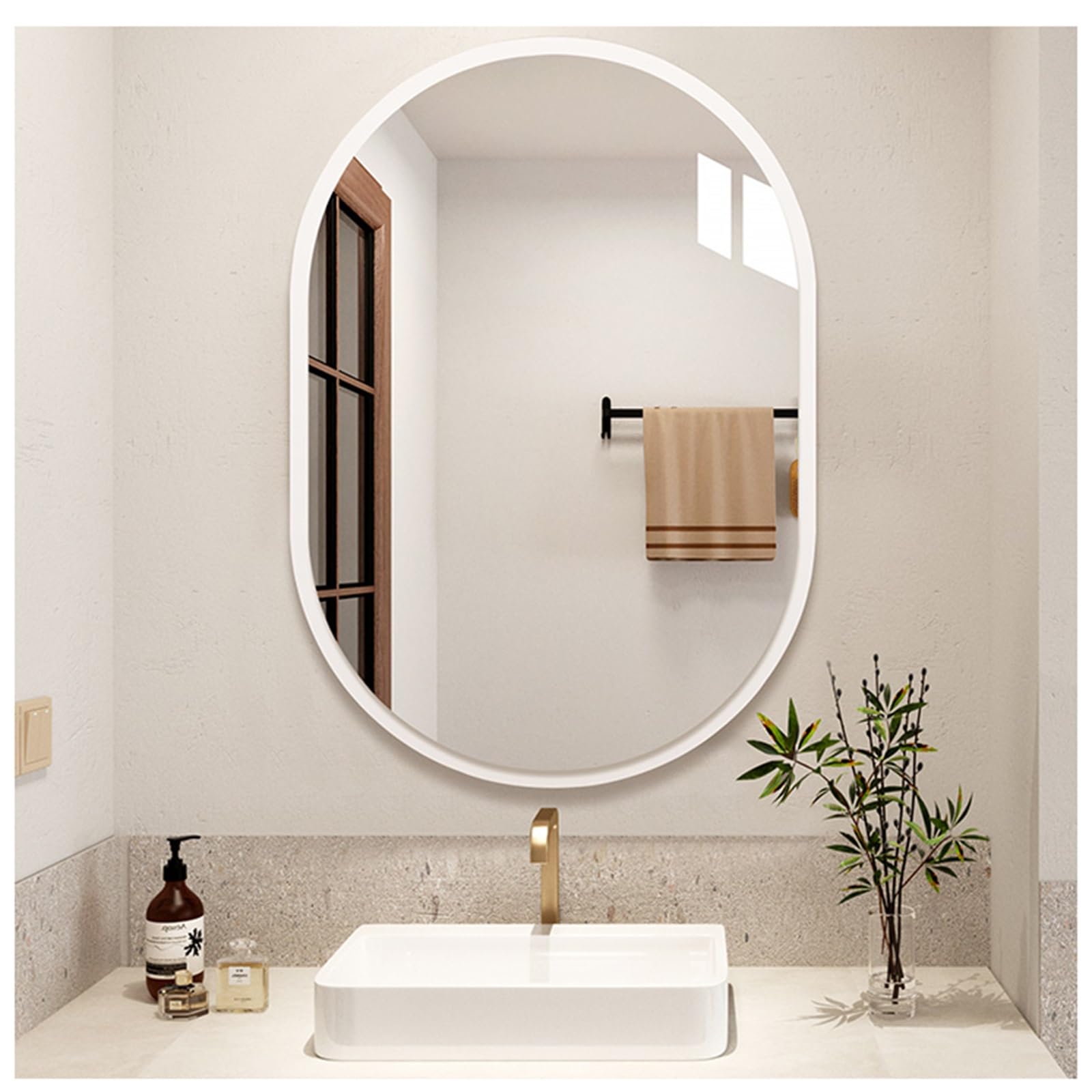 Wood Frame Oval Wall Mounted Bathroom Mirror for Over Sink Natural Woodgrain Finish 56x80cm Ideal for Entryway or Bedroom White Vanity Mirror 22x31.5in