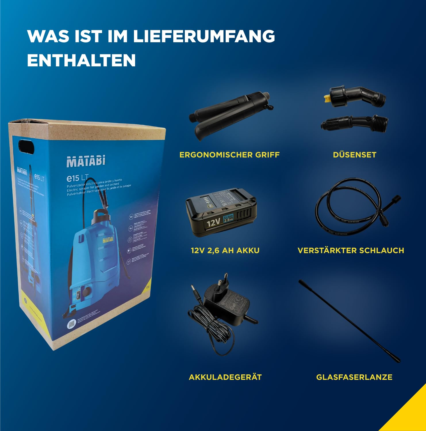 Matabi e15LT Akku Drucksprüher 15 l - 12V Lithium-Akku | 2 Düsen - Akku-Spritze, Schnellladung - Bis 150 l Autonomie - Für Gemüsegärten, Gärten und als Rückenspritze