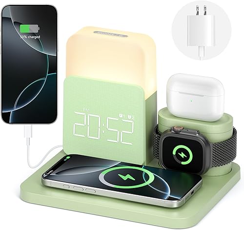 Wireless Charging Station, 7 in 1 Wireless Charger Stand with Dual Alarm Clock, Charging Dock for iPhone 17/16/15/14/13/12/11/Pro/Max/Samsung Phone, Apple Watch 10/9/8/7/6/5/SE, AirPods 4/3/2