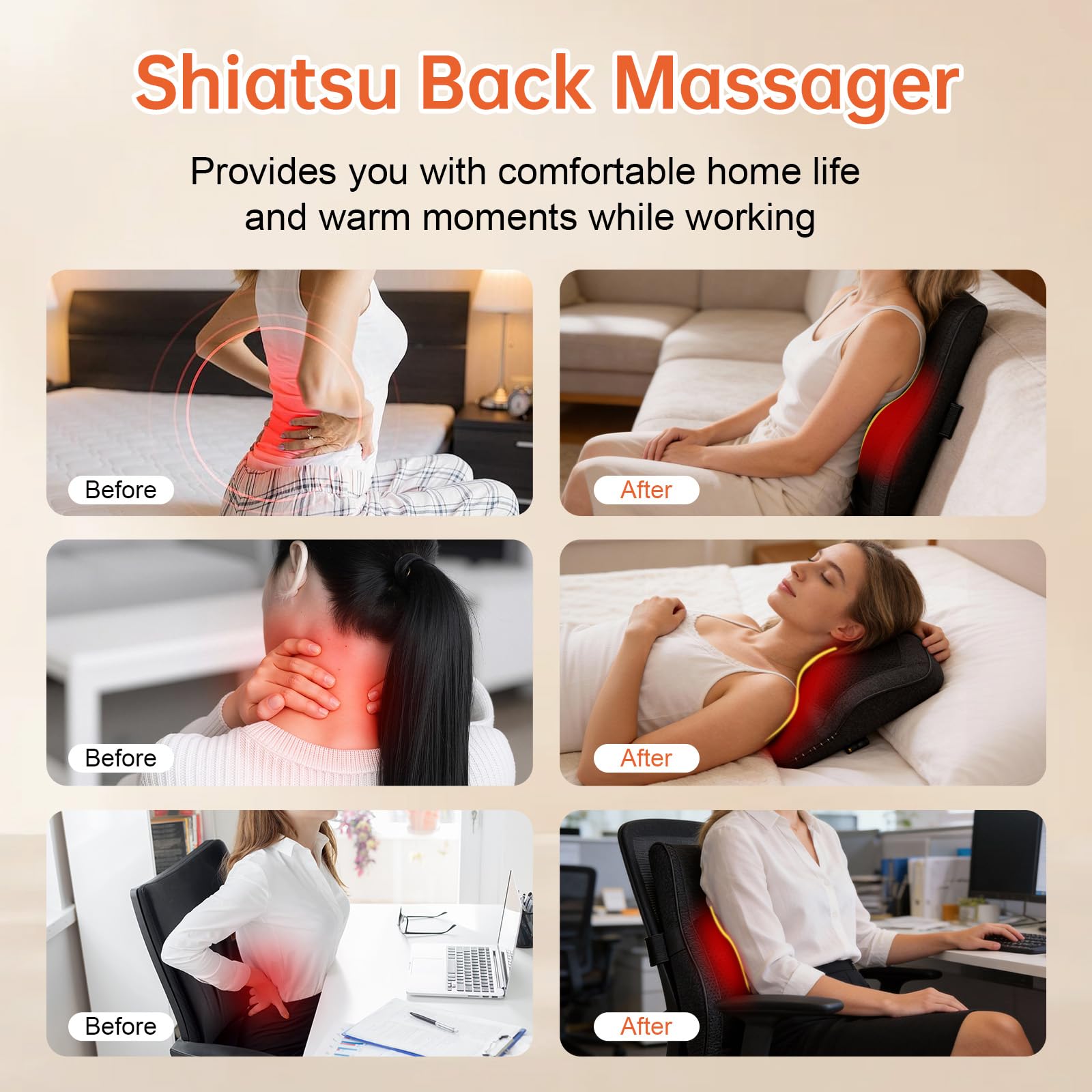 Massaggiatore Shiatsu per la schiena con calore, massaggiatore per schiena e collo, per alleviare la tensione, cuscino massaggiante 3D per impastare i tessuti profondi, per uso domestico e