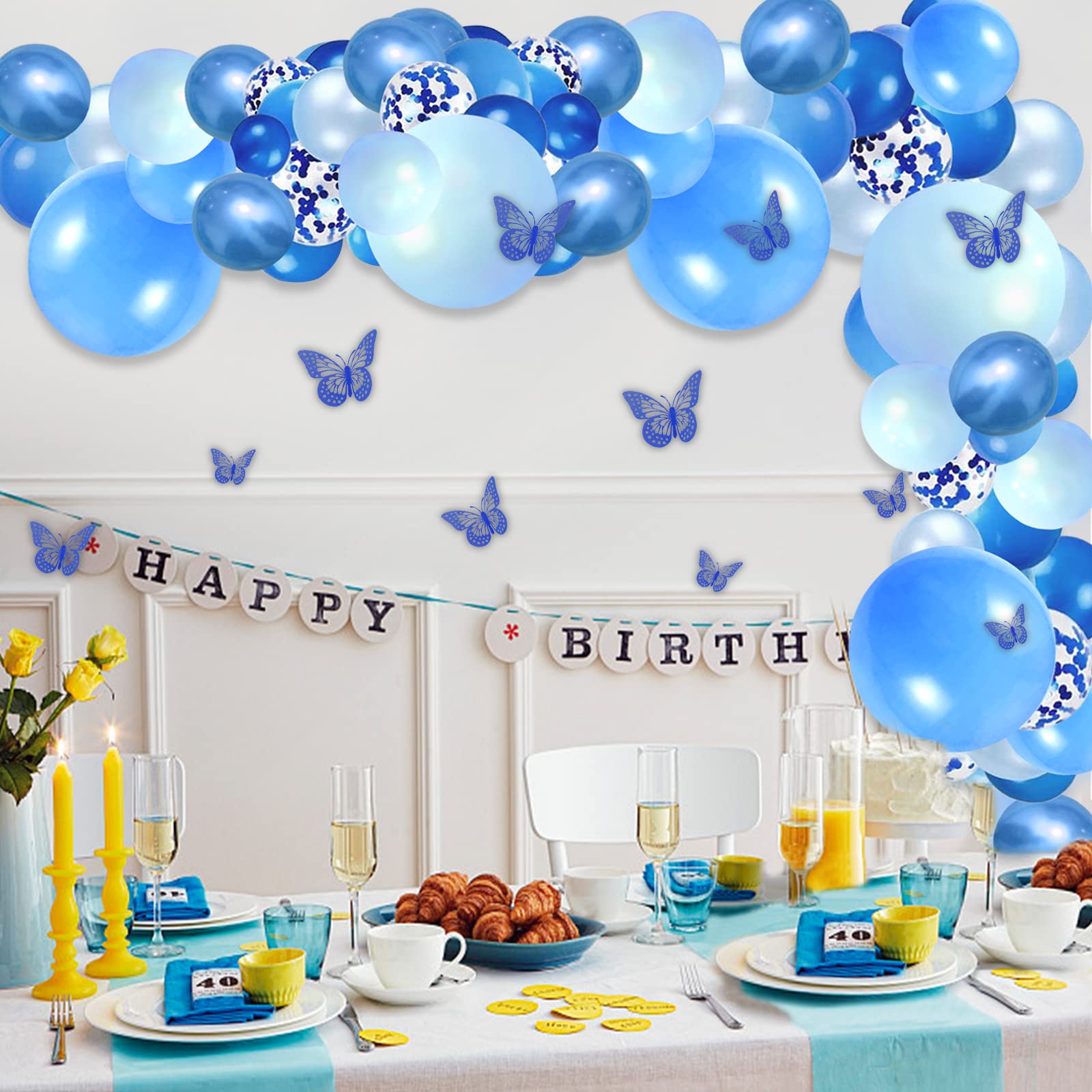 142Pcs Blue Balloons Garland Arch Kit, Blue Balloon Arch Includes Navy Royal Light Blue Balloons Confetti Metallic Balloons Butterflies For Baby Shower Blue Birthday Balloon Wedding Decorations