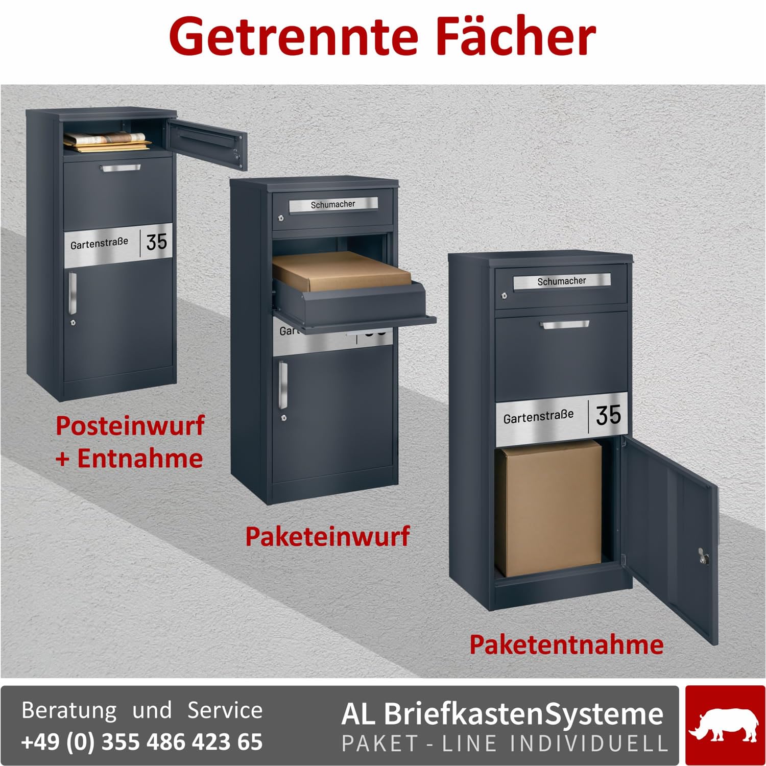 AL Paket-Line - Briefkasten mit Paketfach groß XXL wetterfest mit Namensgravur Paketbriefkasten freistehend drinnen und draußen rostfrei Anthrazit RAL 7016 Paketbox modern massiv mit Rückholsperre