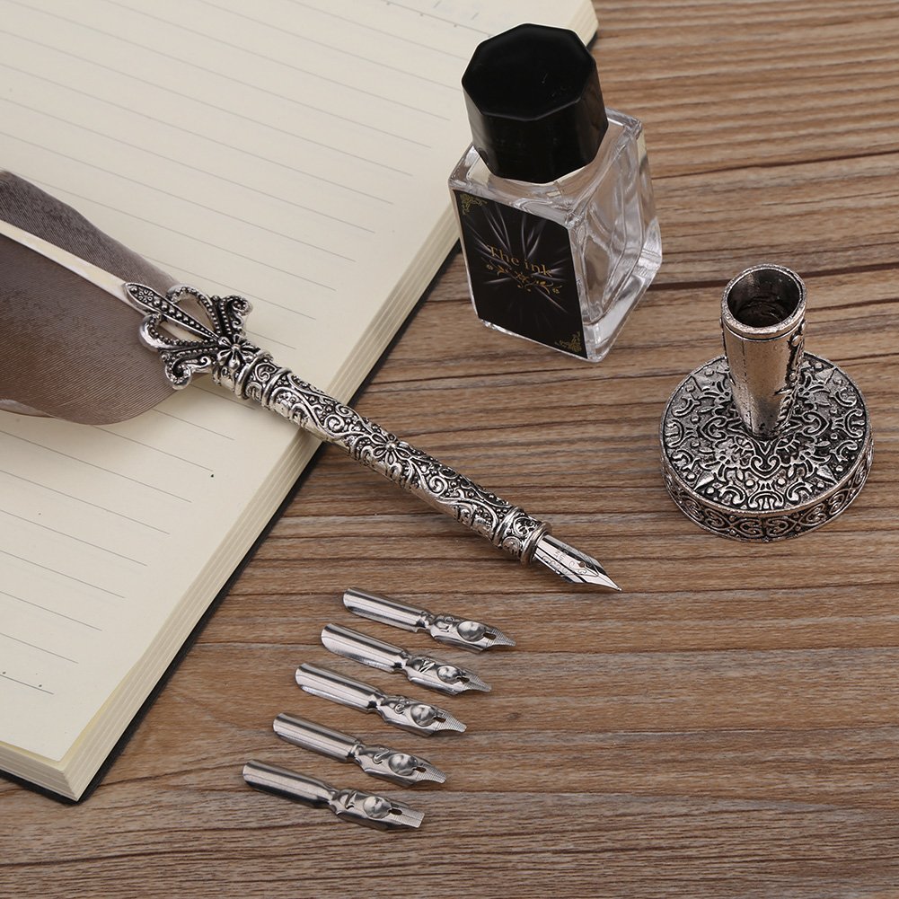English Dip Pen Set Retro Pen Set Writing Quill Ink Dip Pen Best Gift with 5 Nibs (black)