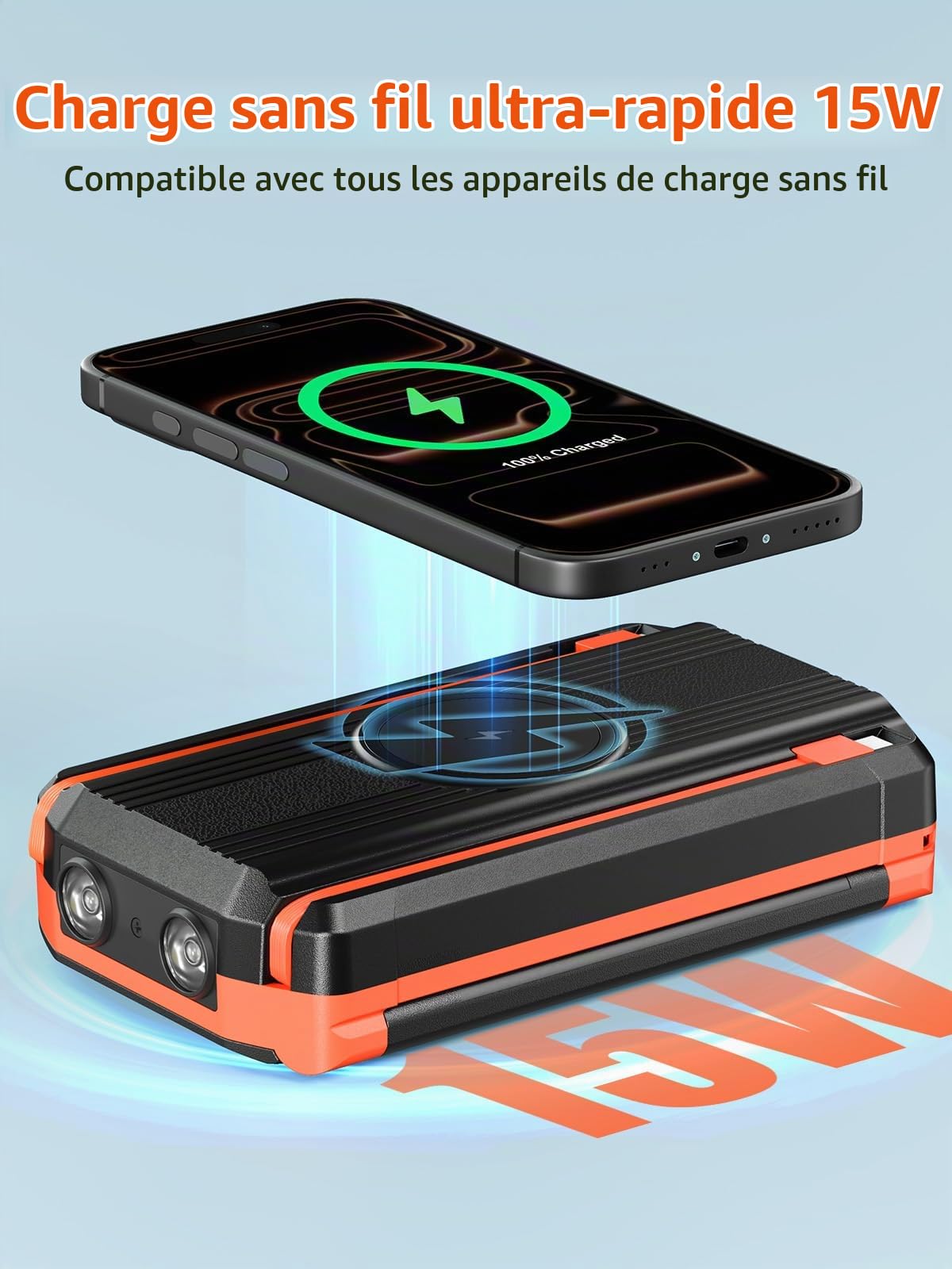 Batterie Externe Solaire 63200mAh, 30W PD 3.0A USB C Power Bank Charge Rapide avec 2 Câbles, 5 Sorties/2 Entrées, 15W Chargement sans Fil, Lampe de Poche, Voyant LED, Chargeur Externe pour Téléphone
