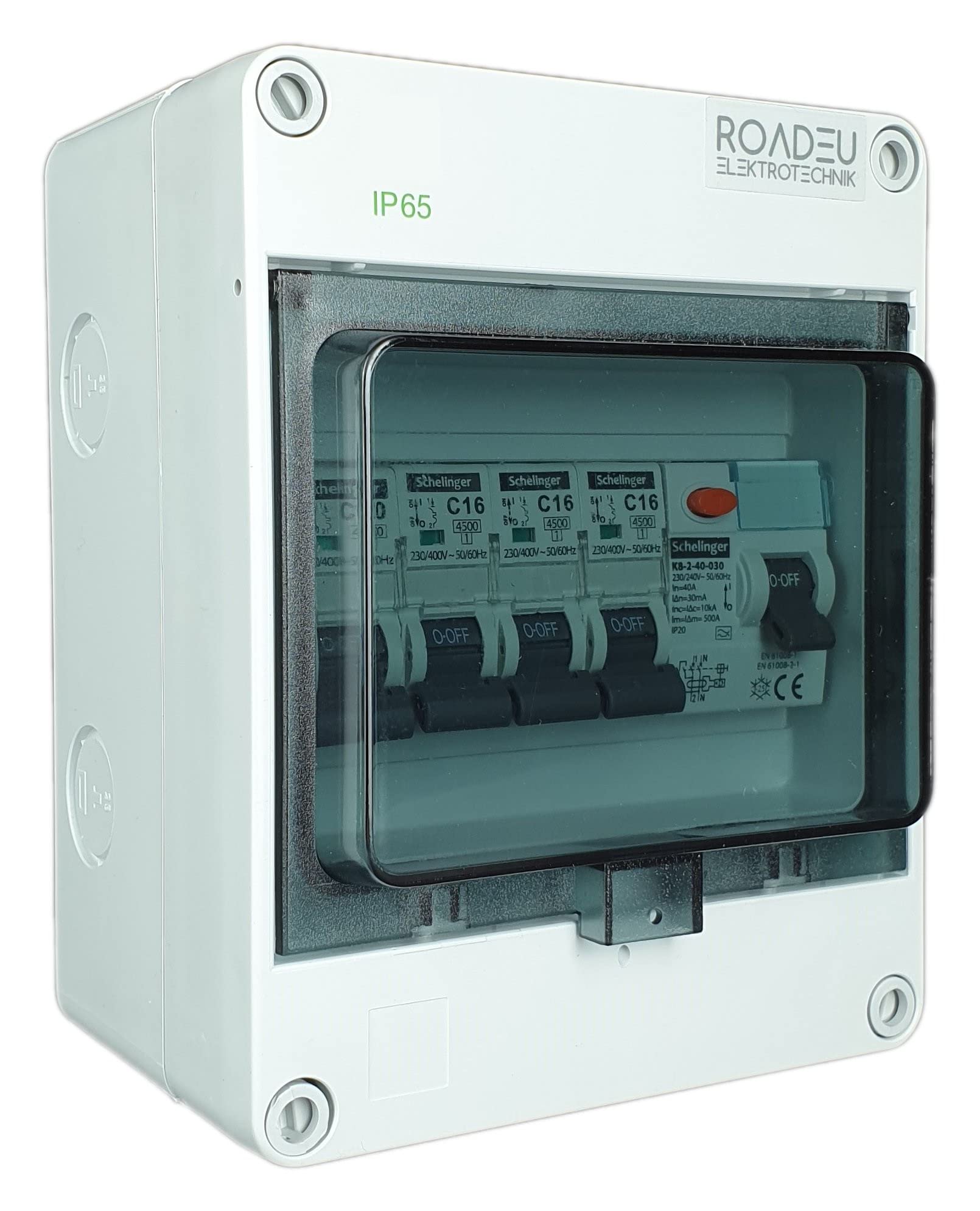 RoadEu - Quadro Elettrico Distributore di corrente - Completo con magnetotermico differenziale 40A 2P - 16A interruttore automatico e 10A C 3+1 in una scatola di distribuzione a parete IP65