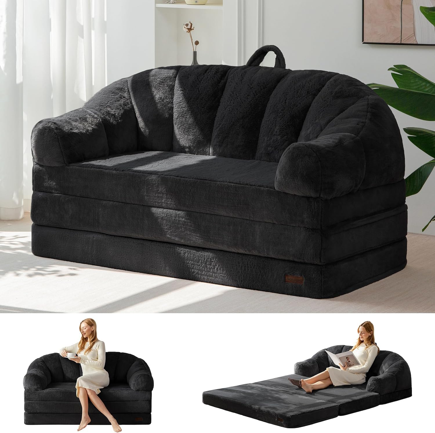MAXYOYO Loveseat Single Sofa Bed, Folding Bean Bag Chair, Faux Fur Fabric