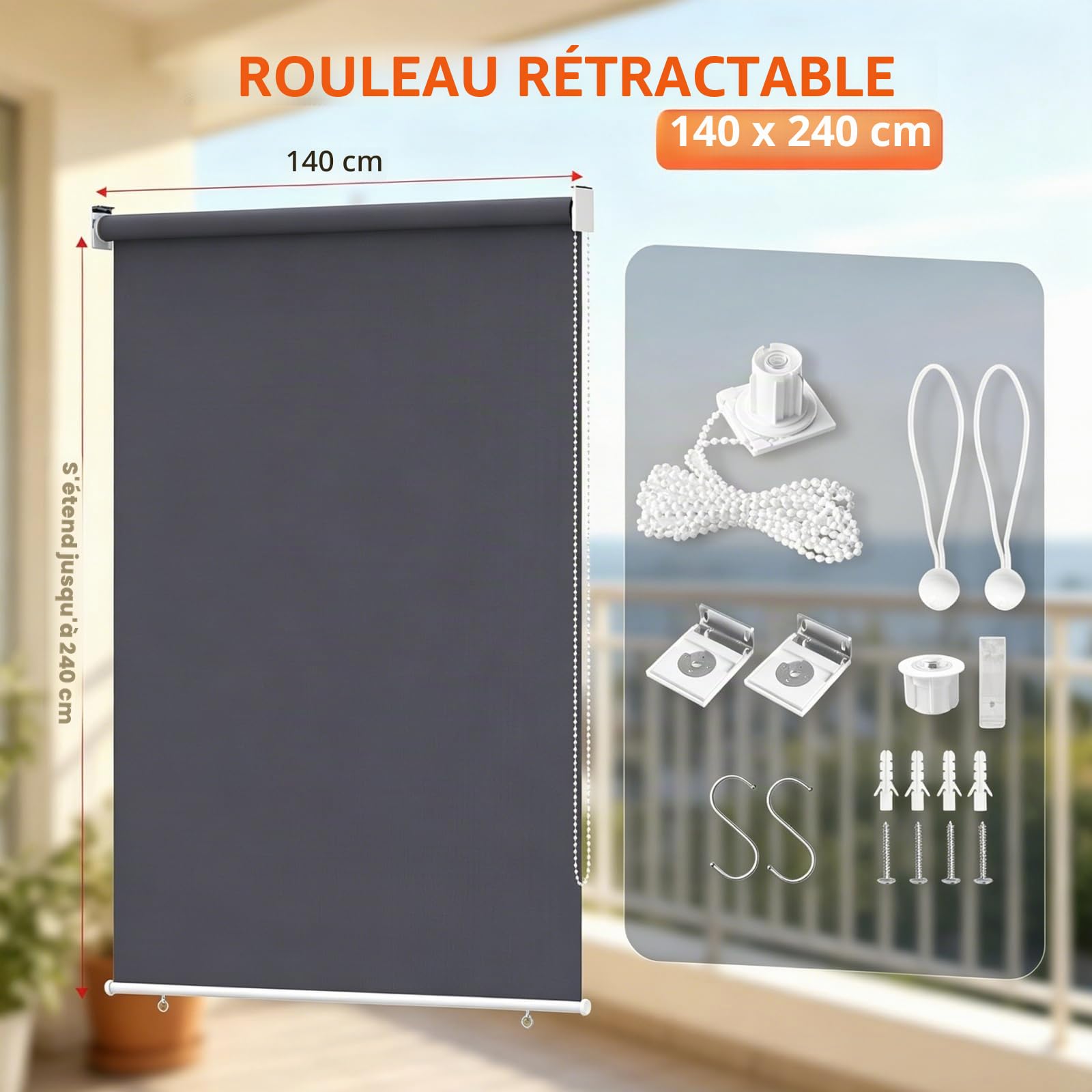 Store Enrouleur Occultant Thermique Isolant 140x240cm, Store Enrouleur Opaque de Protection Protection UV 50+, Stores Extérieur Solaire et Pare-Vue, pour Balcon Terrasse Jardin, Anthracite