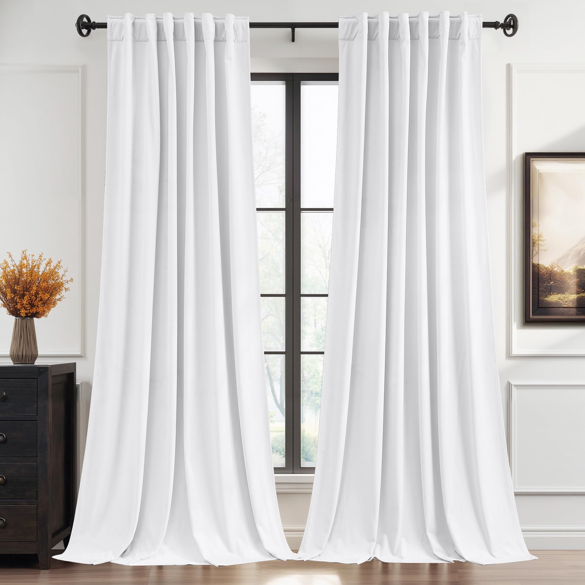 StangH Bleach White Velvet Curtains 108 inches Long, Back Tab & Hook Belt Light Dimming Window Treatment, Privacy Added for Nursery/Kid Bedroom, W52 x