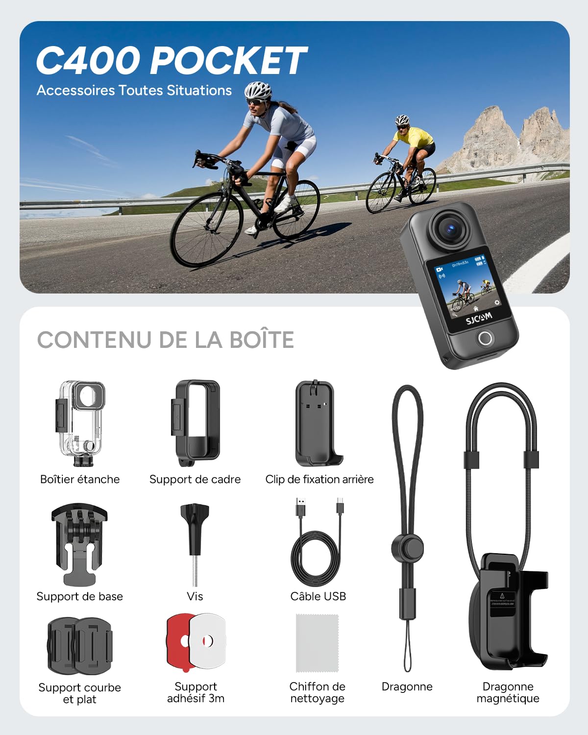 SJCAM C400 Pocket Bundle POV(sans Carte),Camera Vlog 4K,Caméra Sport Écran Tactile,Enregistrement 172 Minutes,Stabilisation 6 Axes,Étanche,idéale pour Vlog,Voyages et promenades,Noir