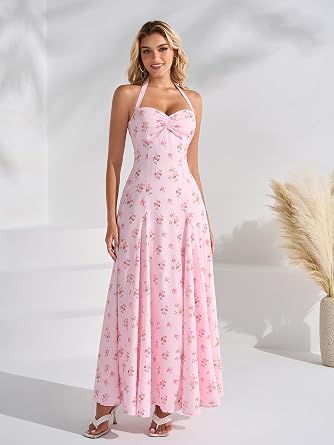 EYNMIN Womens Halter Maxi Long Flowy Floral Summer Wedding Guest Dresses