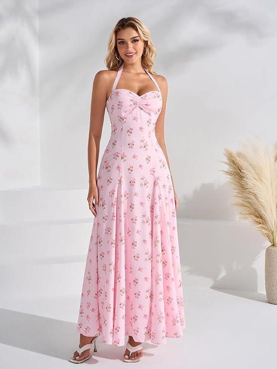 EYNMIN Womens Halter Maxi Long Flowy Floral Summer Wedding Guest Dresses