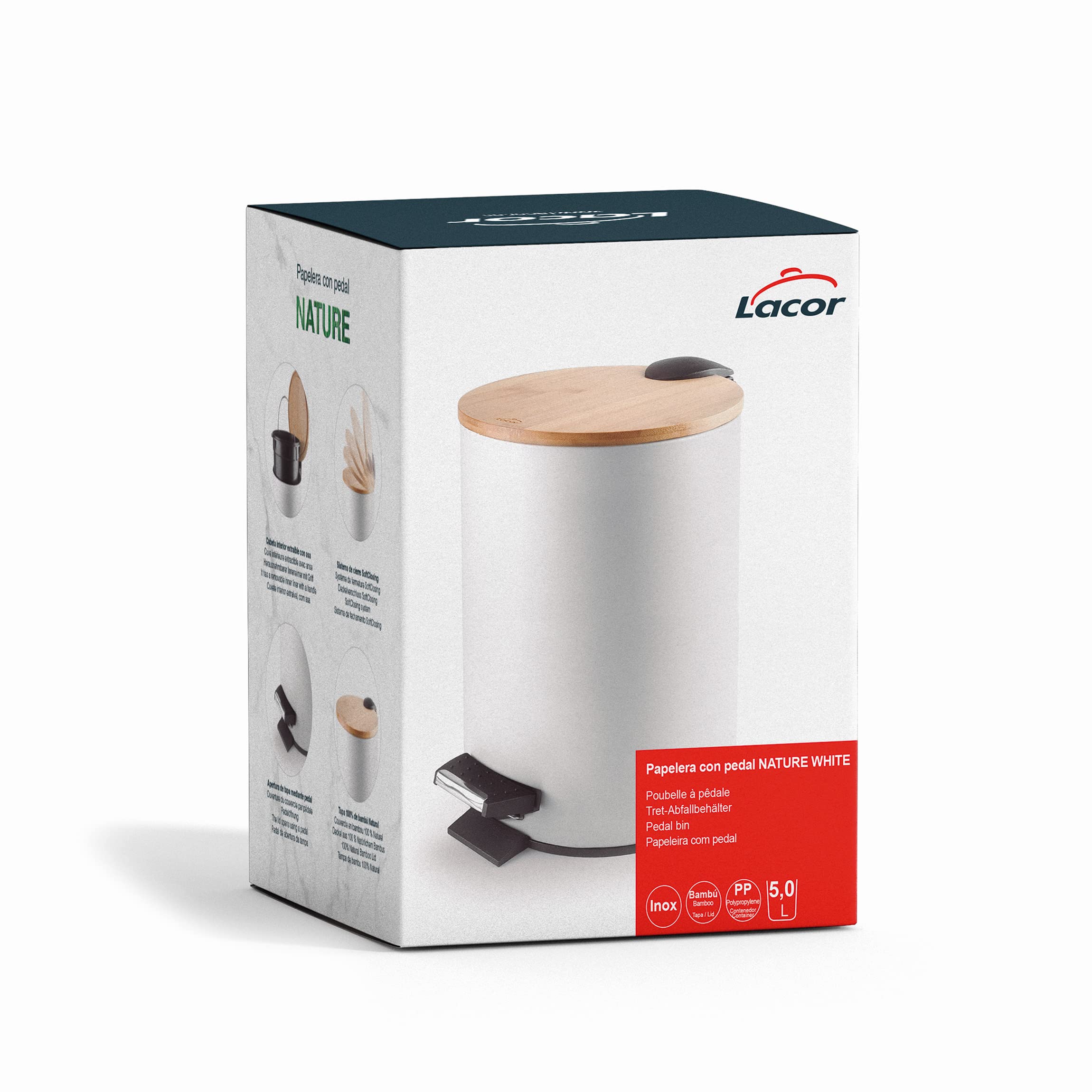 LACOR - 63355 - Nature White Treteimer, Mülleimer, SoftClosing System, Stahl, 20.5 x 27.6 cm, Fassungsvermögen: 5 L