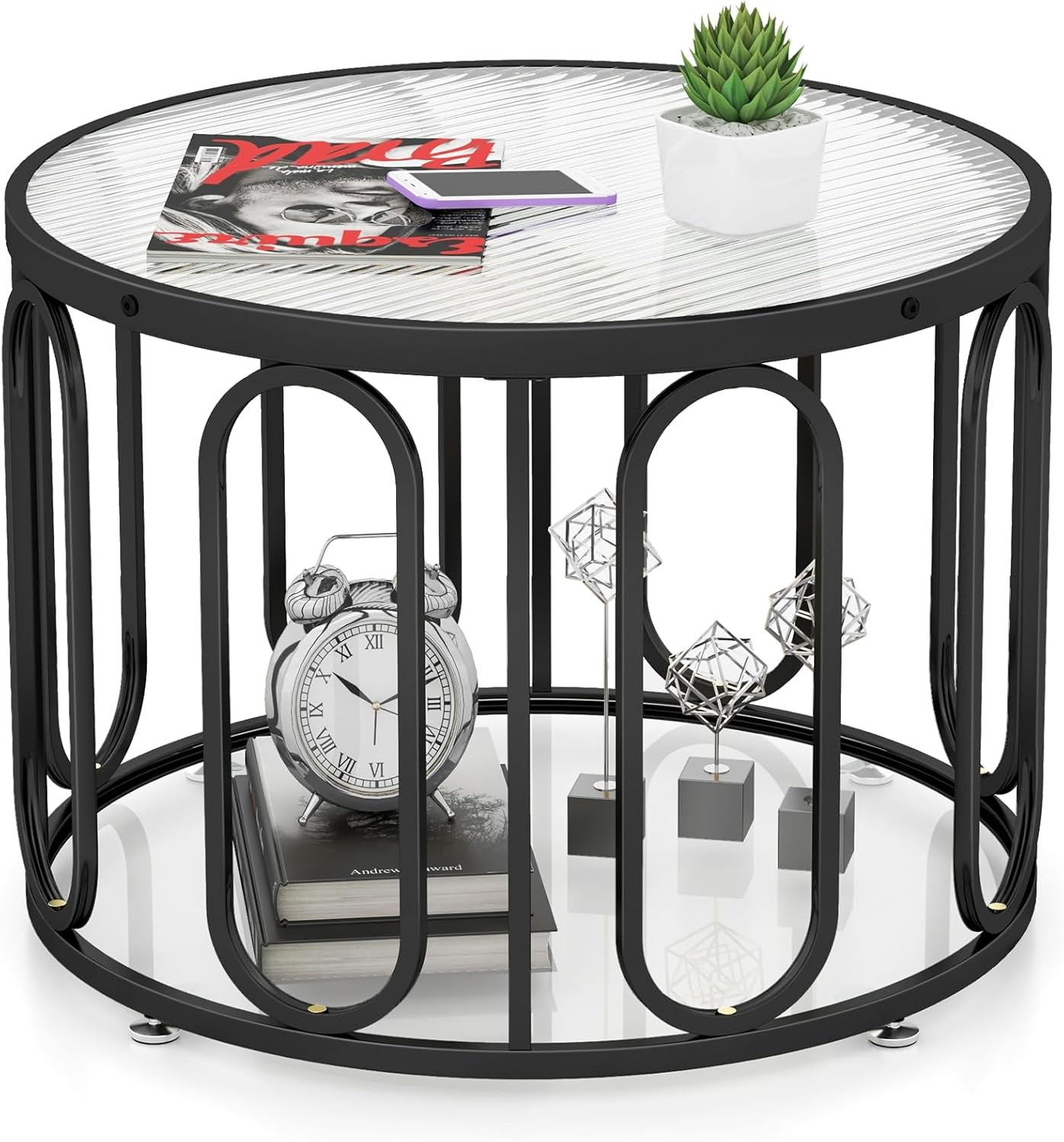 Giantex Round Glass Coffee Table in a living room setting