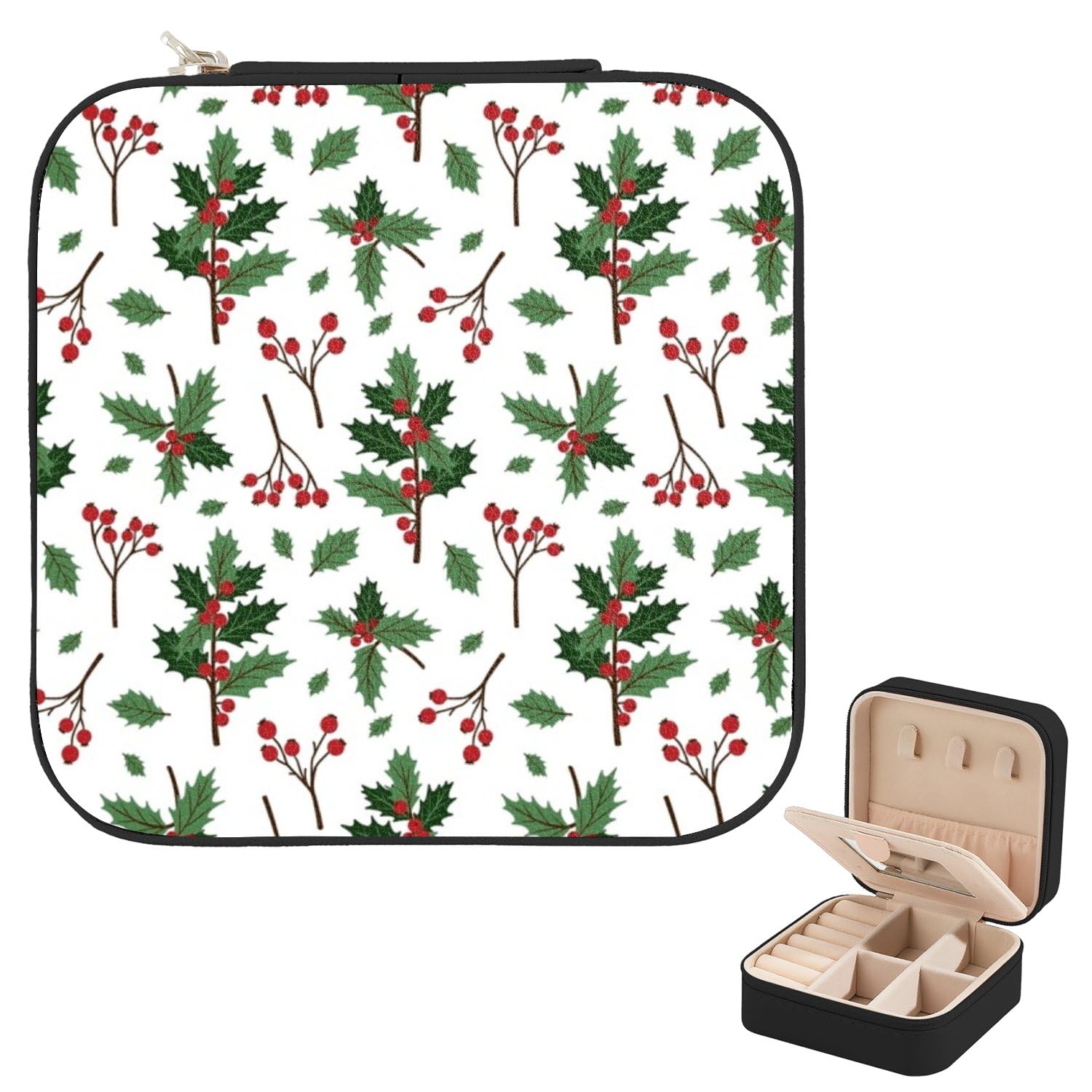 Holly Berry Christmas Jewelry Box Travel Jewelry Organizer With Mirror Ring Boxes Earring Holder Organizer Storage For Girls