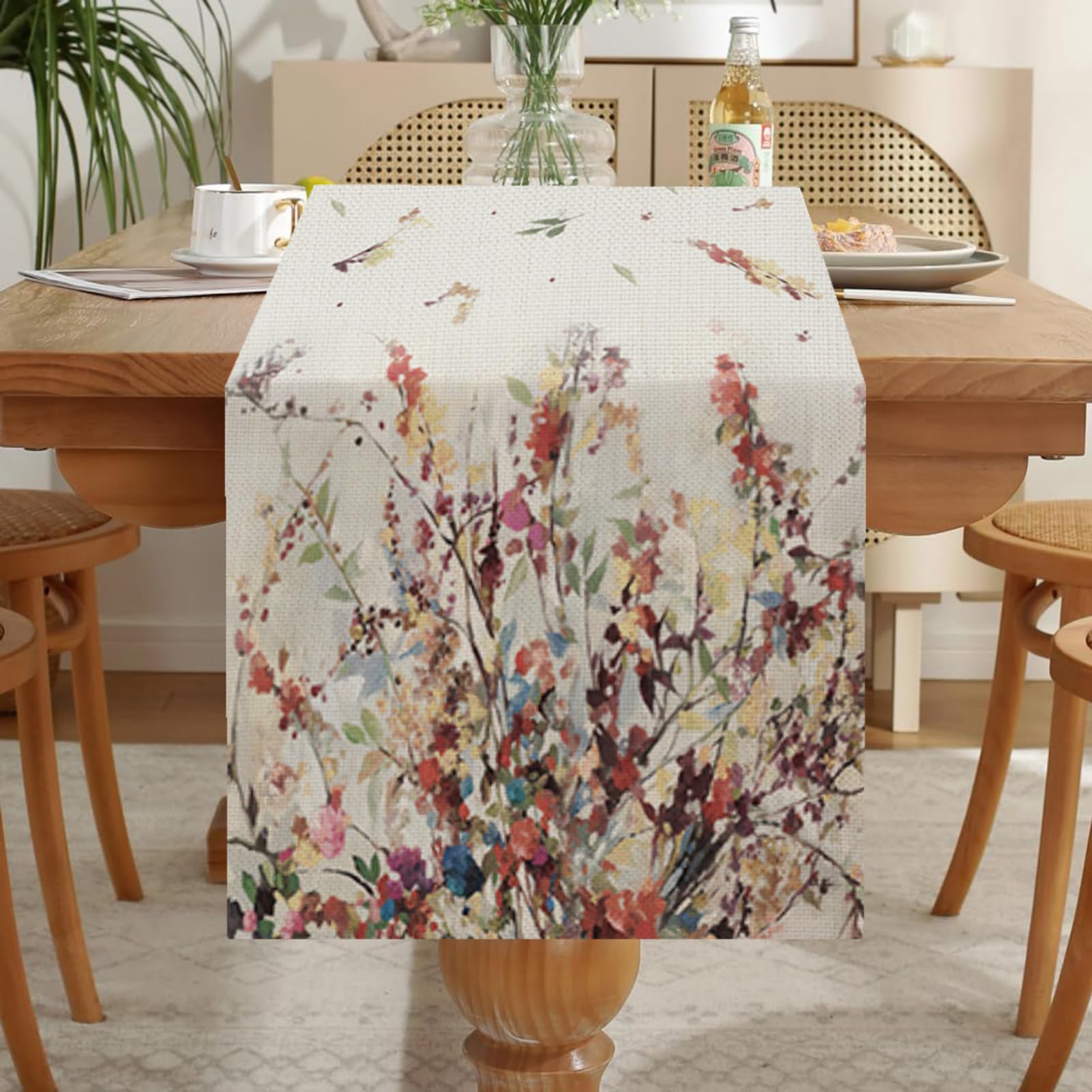 LOZULO Natur Blumen Tischläufer Modern Frühlingsdeko Tisch Wetterfest Leinen Lang Tischläufer Abwaschbar Outdoor Tischdecke Frühling für Party Tischmatten Läufer 40x140 cm