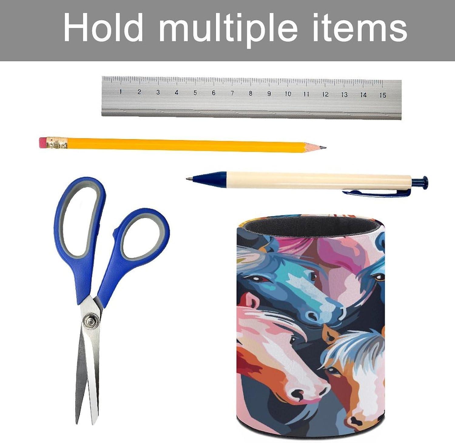Colorful Cartoon Horses Round Pen Pencil Holder PU Leather Pencil Cup Desktop Stationery Organizer Stand Desk Organizer Cute Makeup Brush Holder, Office Accessories Container image 5