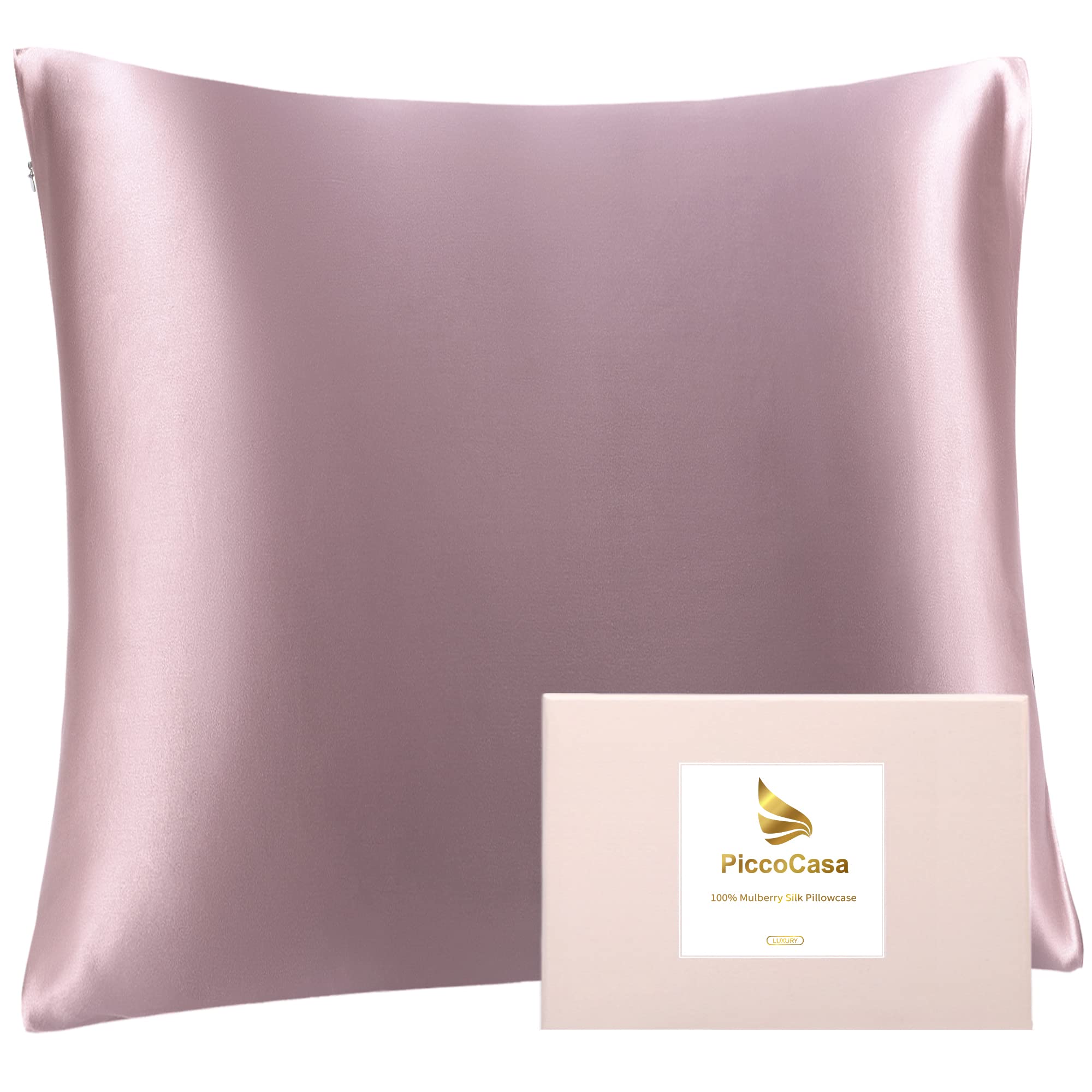 PiccoCasa 22 Momme 100% Seide Kissenbezug Haar- und Hautpflege Kissenhülle Maulbeerseide Kopfkissenbezug mit Reißverschluss & Geschenkbox, Mauve 80x80cm
