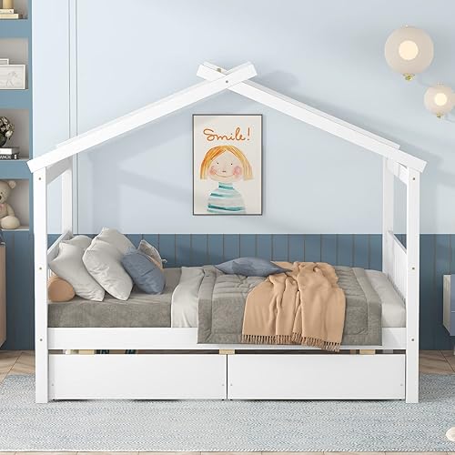 Miniatura 244 de Merax Cama de madera de tamaño individual con dos cajones, marco de cama de madera con techo para niños, adolescentes, niños o niñas, gris