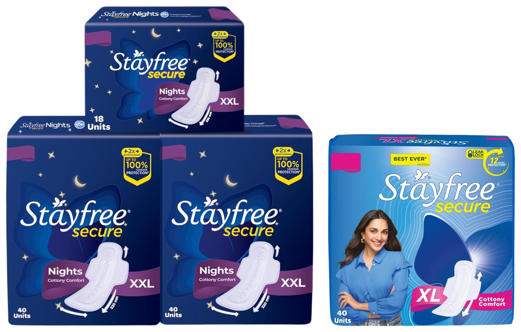 Stayfree Secure Night Sanitary Napkins for Women (98 Pads), Combo Offer pack – Buy 80 Pads Get 18 Pads & Stayfree Secure xl 40 Pads Cottony Soft Sanitary Pads for Women With LeakLock Technology