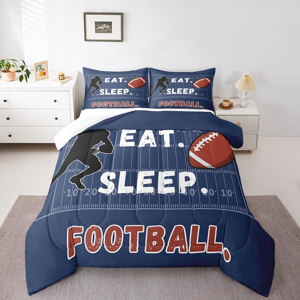 Feelyou Twin Size Sports Rugby Comforter Set for Boys Kids Teens American Football Bedding Set Sports Theme Room Blue Decor Vintage Rugby Ball Games All Seasons Quilt Duvet Set