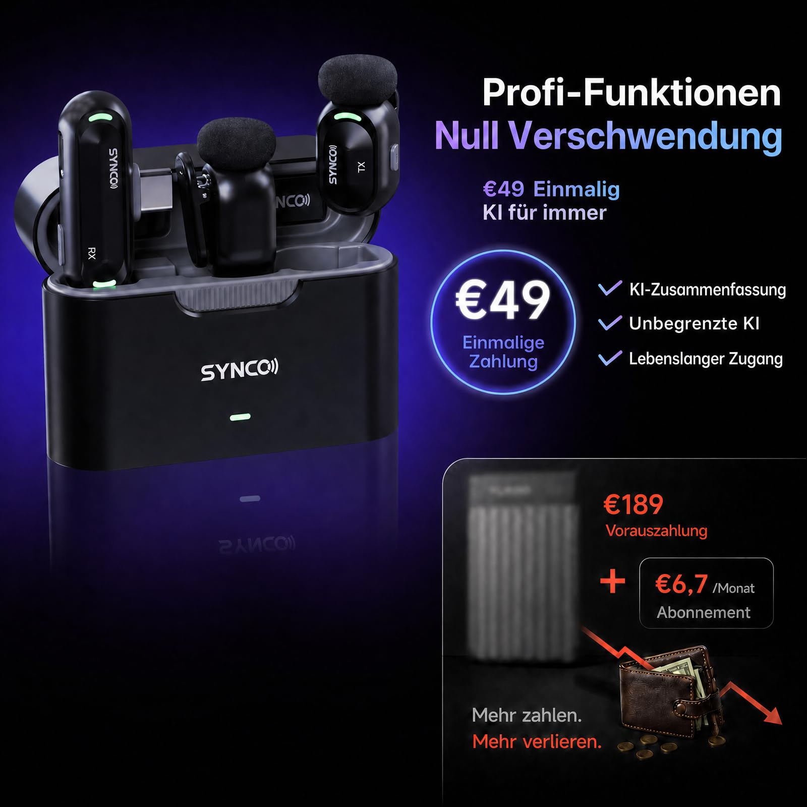 SYNCO SMICT KI Funkmikrofon für Android, Kabelloses Lavalier Mikrofon mit Echtzeit Übersetzung, AI App, Geräuschunterdrückung, USB-C, 2 Sender für Vlog, Streaming, Interview