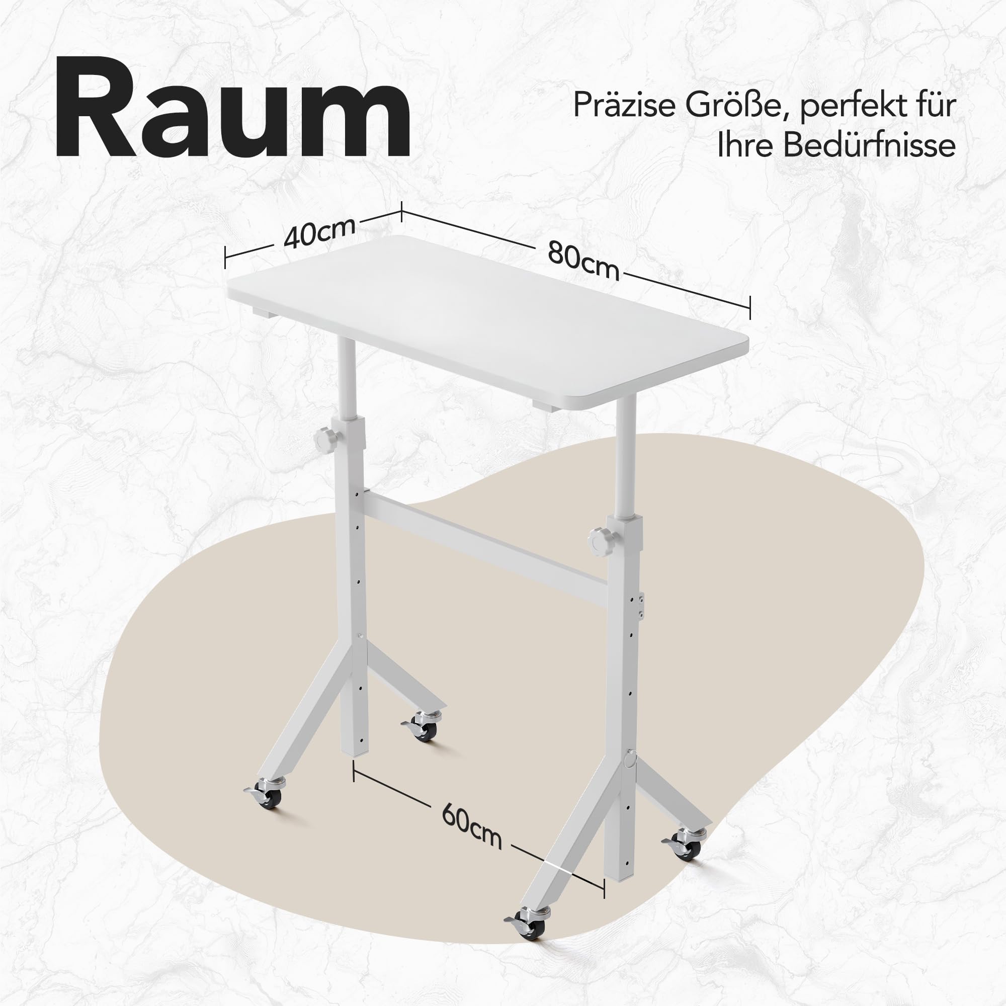 HUANUO Höhenverstellbarer Schreibtisch mit Rollen,6 Höheneinstellungen bis zu 118cm,mobiler Computertisch mit dreieckigen Beinen,sanfte Mobilität mit abschließbaren Rädern