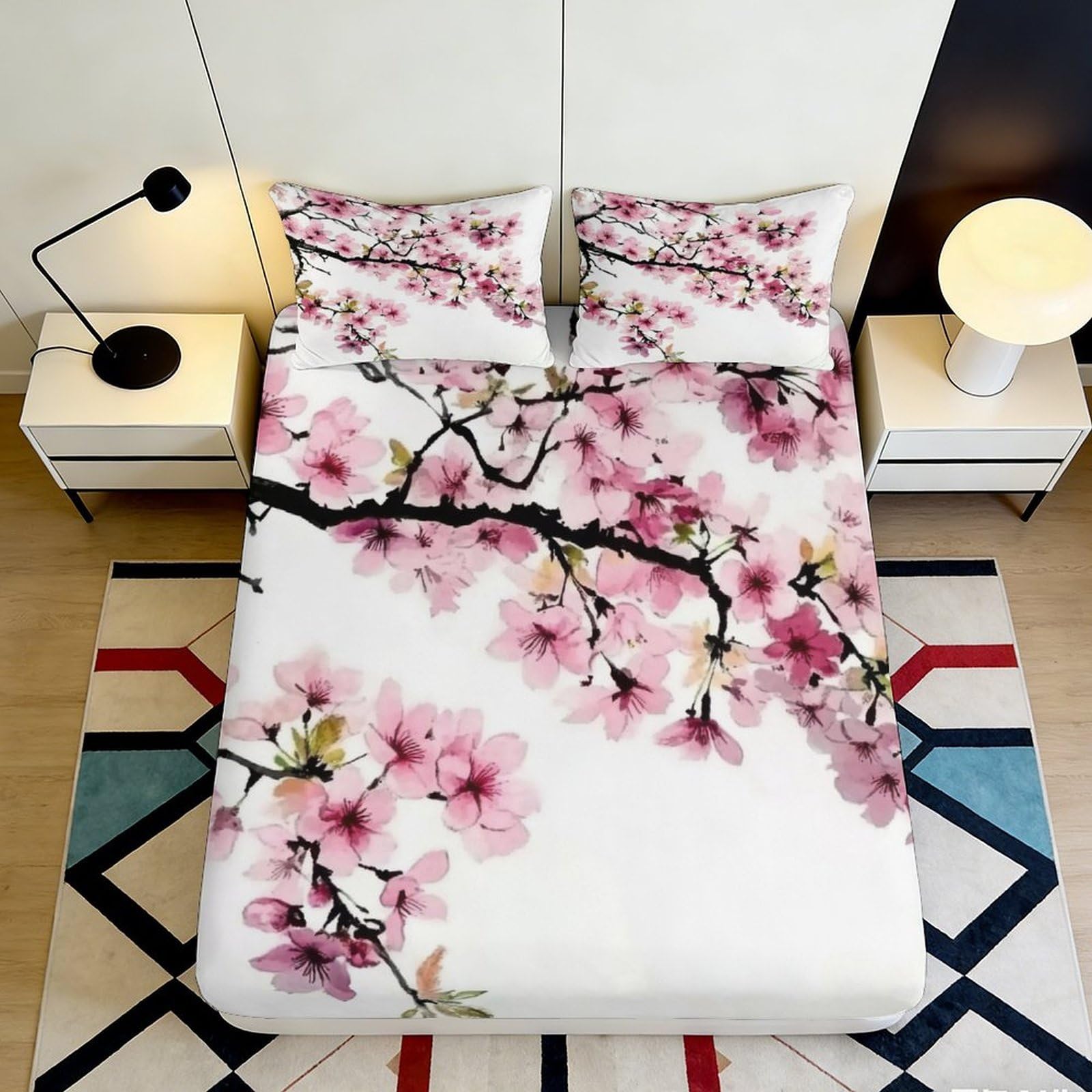 3D Printed Cherry Blossom Fitted Sheet Microfiber Soft Breathable Floral Branch Bed Cover for Bedroom Dormitory Guest Room Mattress Protection 90x200x25cm