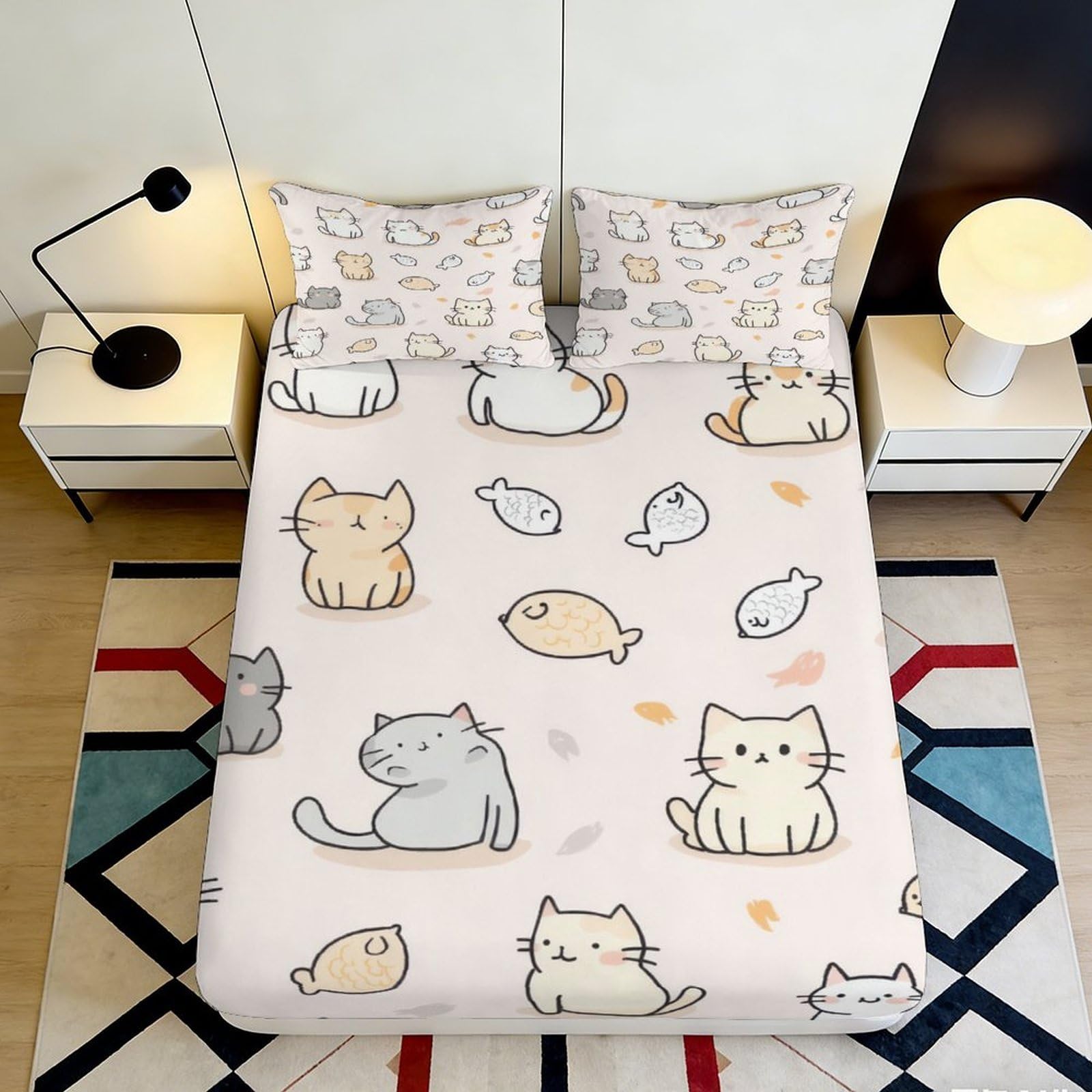 3D Printed Cute Cat Fitted Sheet Microfiber Soft Decorative Cartoon Fish Mattress Cover for Bedroom Guest Room Dorm 90x200x25cm