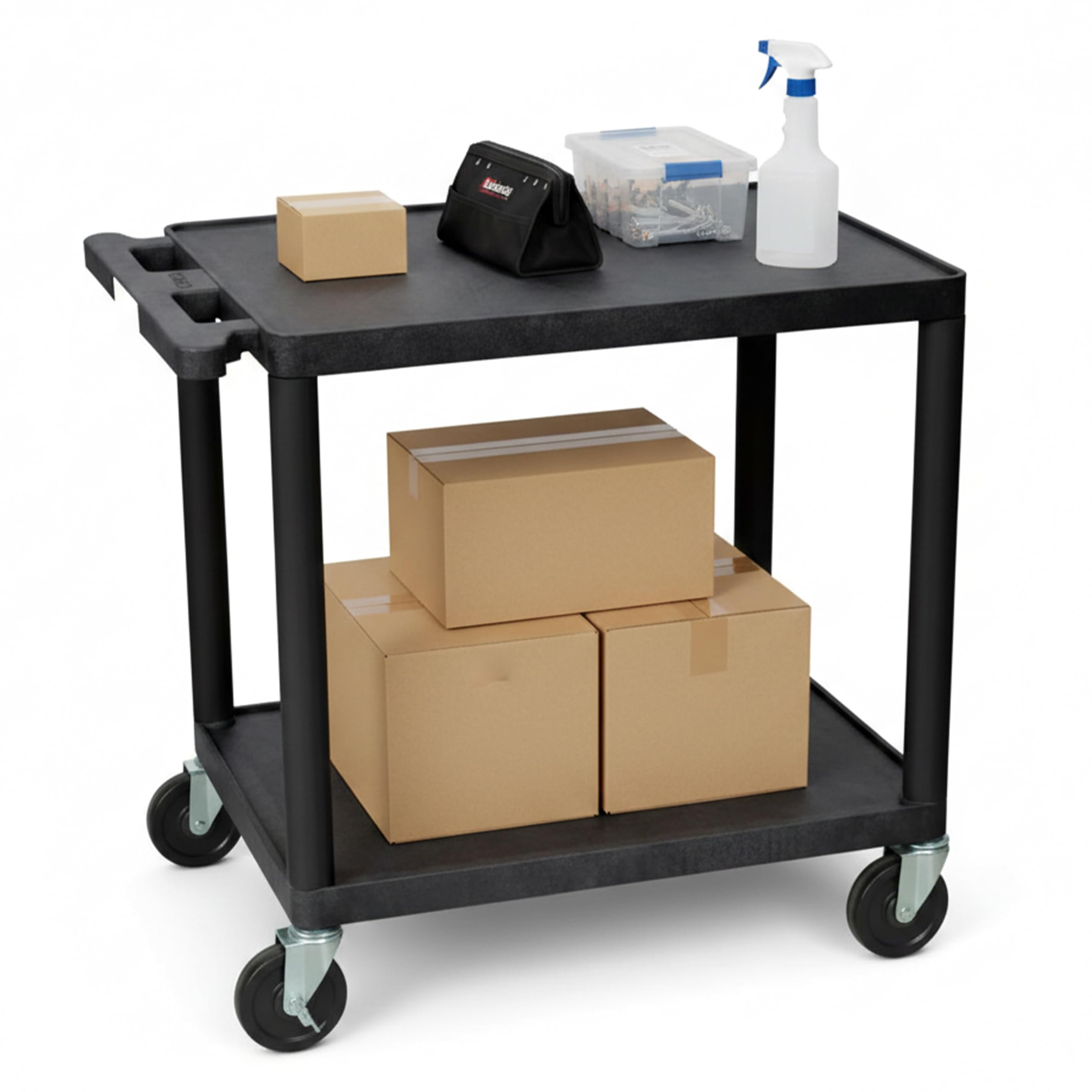 26" H Mobile Multipurpose Plastic Storage Utility AV Cart with 2 Shelves - Black