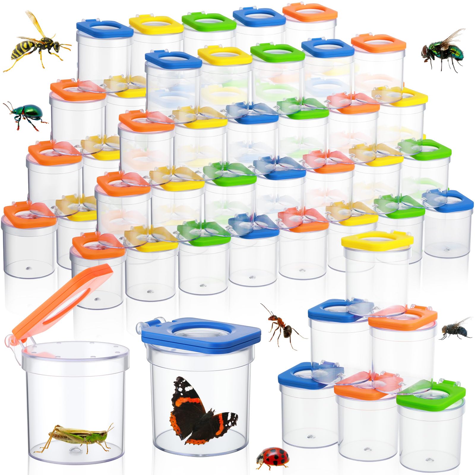 Halloscume 60 piezas de visor de insectos de inserción para niños, caja de insectos, atrapador de insectos, lupa, contenedor de colección de bichos, kit de jaula de insectos para niños, herramienta de