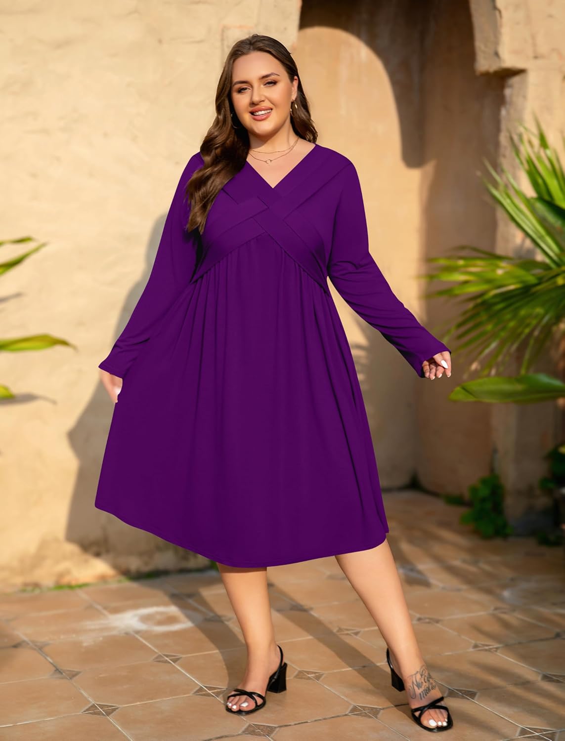 AMCLOS Womens Plus Size Dress V-Neck Elegant Cable Twist Crossover Flowy with 2 Pockets Roll up 3/4 Sleeve Casual Church Maxi Dresses(Purple,2XL) - Image 8