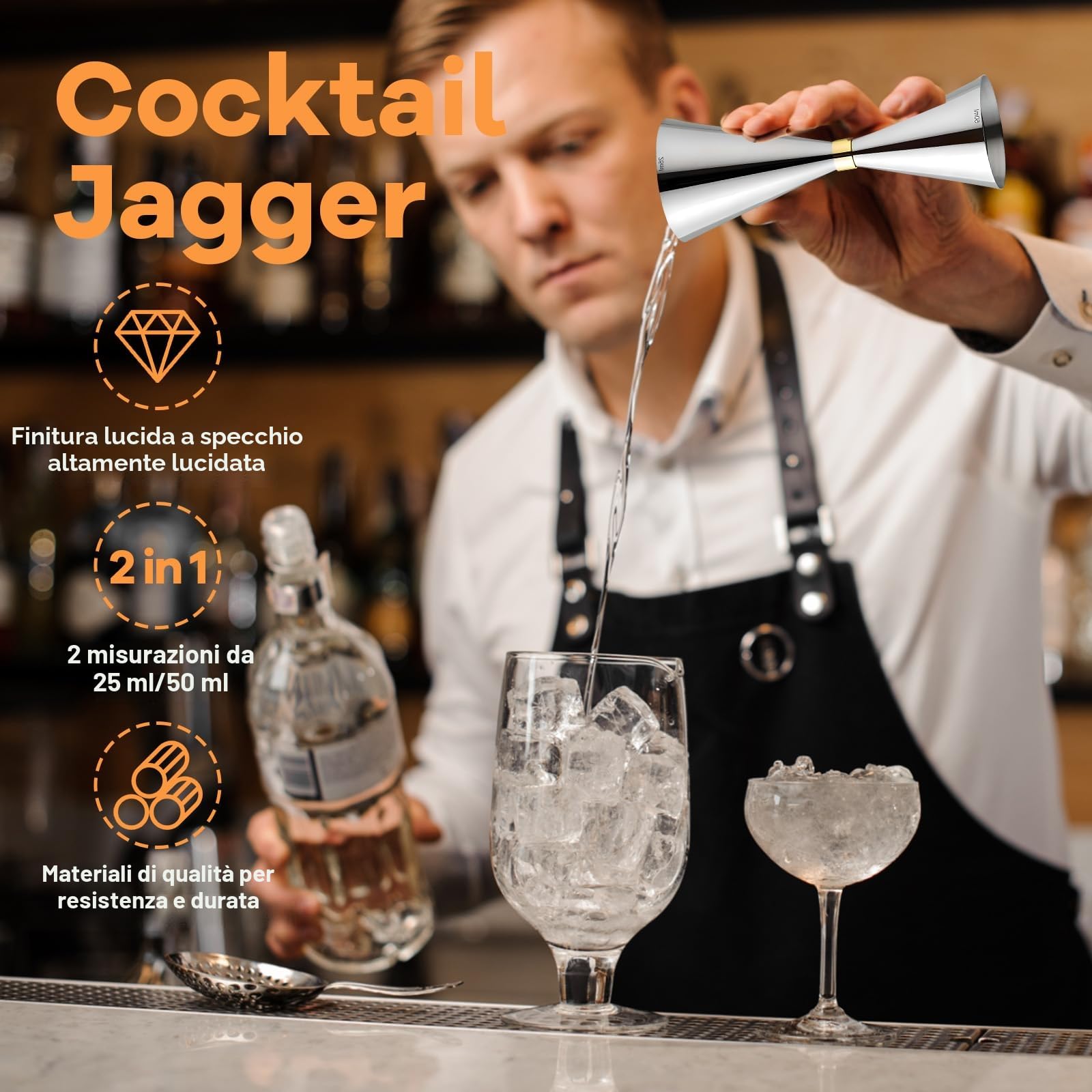Delgeo Jigger-Spirit da Cocktail in Acciaio Inossidabile, Misurino per Bevande da Barista Professionale, Misurino Singolo/Doppio con Segno di Scala Integrato: 25/50ml (Argento)