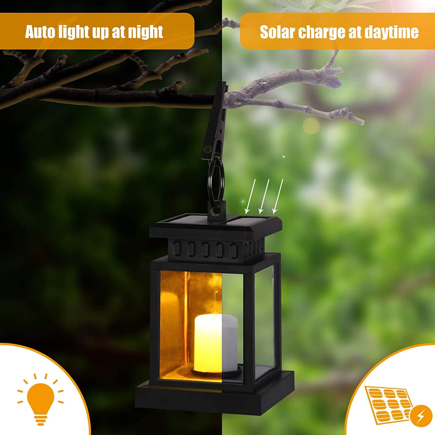4 lanterne solari per esterni con candela a LED, lanterna solare a LED, per esterni, da appendere, effetto tremolante, lanterna solare a LED con candele, lampade decorative per giardino, terrazza