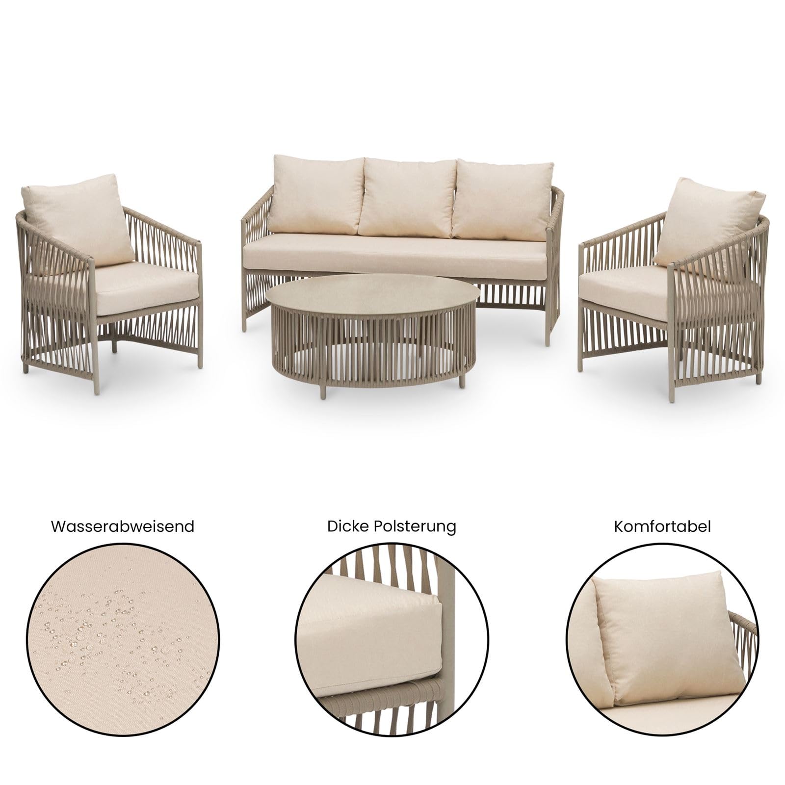 IDIMEX Outdoor Sofa Set KULO 4-teilig, Champagne – Lounge-Set aus Aluminium mit Rope-Bespannung, Couchtisch mit Glasplatte, inklusive 5 bequemer Kissen, wetterfest für Balkon Terrasse Garten