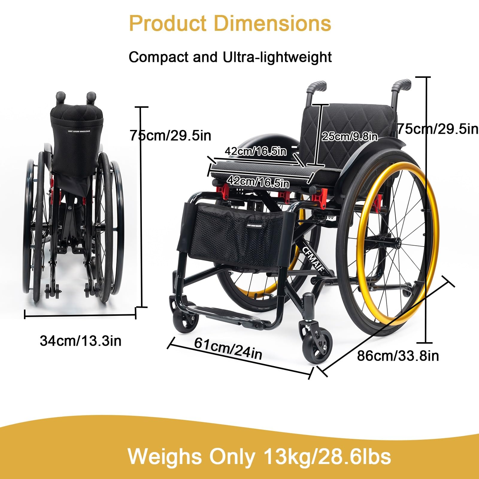 Silla de ruedas aluminio plegable,Ligera, Autopropulsable, para Adultos, Ruedas extracción con un botón, Cojín Grueso,Freno manual(Gold,42cm/16.5in Seat)