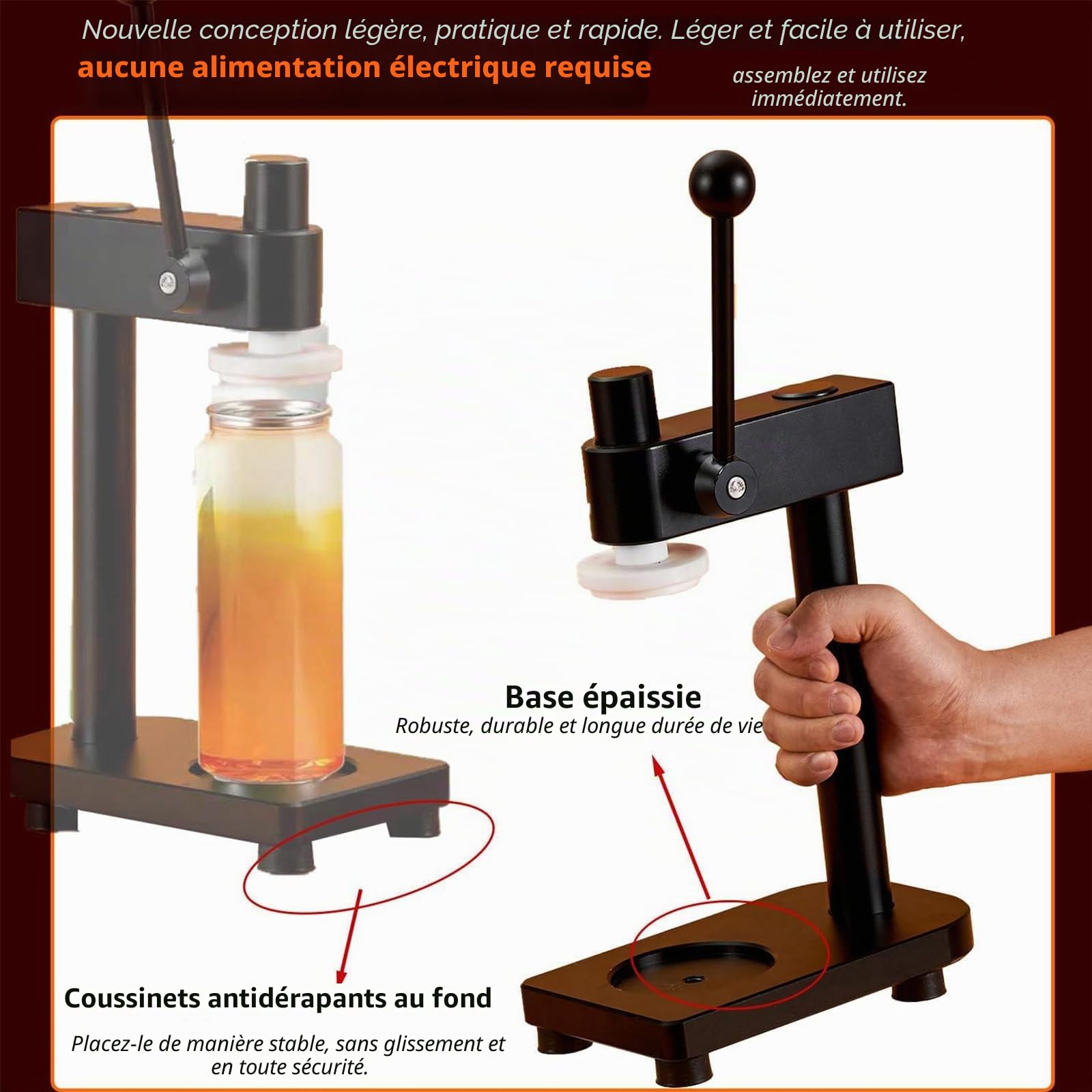 Machine à sceller les canettes manuelle, machine à sertir les boîtes de conserve portable avec base fixe, hauteur réglable de 55 mm de diamètre, pour bière/jus/café/soda/boissons black