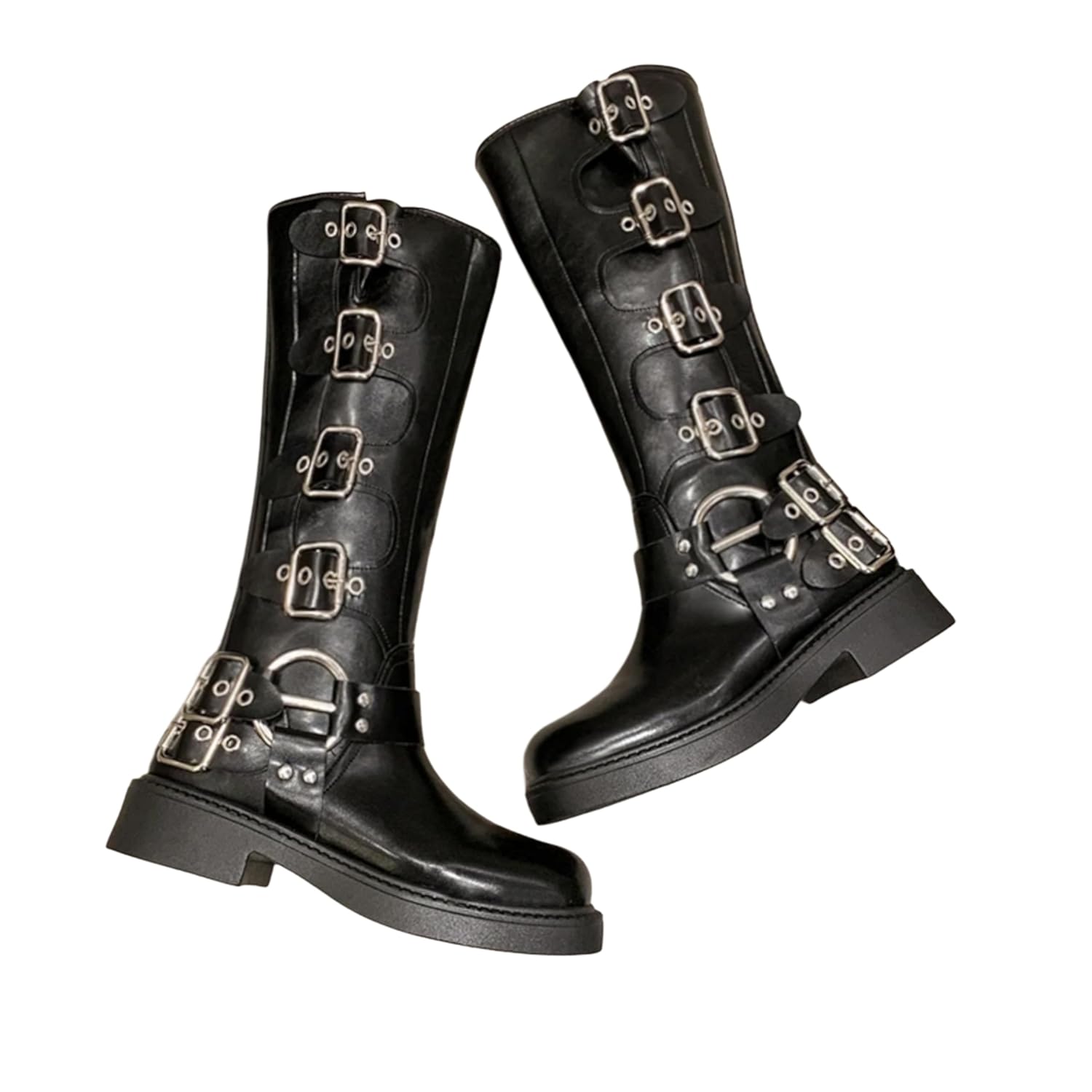 Bota Feminina Cano Alto Preta com Fivelas, Estilo Coturno Plataforma, Bota Motoqueira Fashion, Solado Tratorado Antiderrapante, Confortável e Moderna para Inverno e Outono/TAM 37
