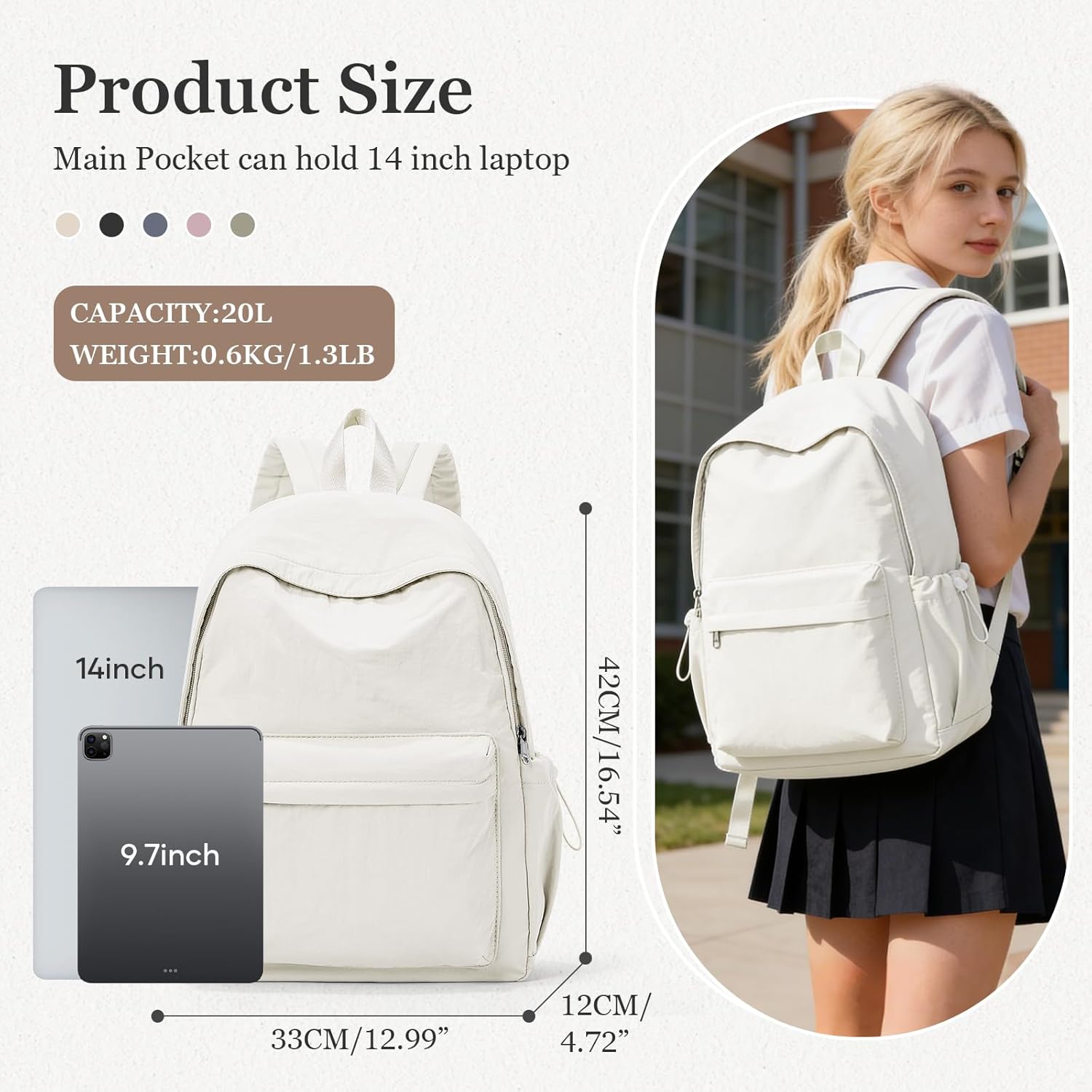 Simple School Backpack For Women Men Aesthetic Medium Backpack Lightweight Casual Daypack College Backpacks Cute Bookbag for Teens Girls Boys Basic Bagpack（Beige）