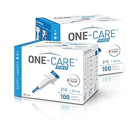 ONE-CARE PRO Safety Lancets, Top Push Button Activated, 21G x 1.8mm, 100/bx, Sterile, Gentle & Convenient Sampling