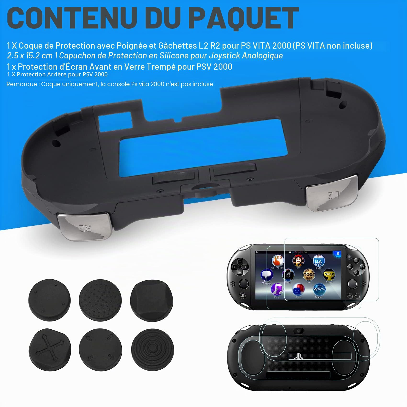 JOLANCO - Coque de Protection avec poignée pour Manette de Jeu L2 R2 pour Sony PlayStation PS Vita 2000 PSV 2000, Noir