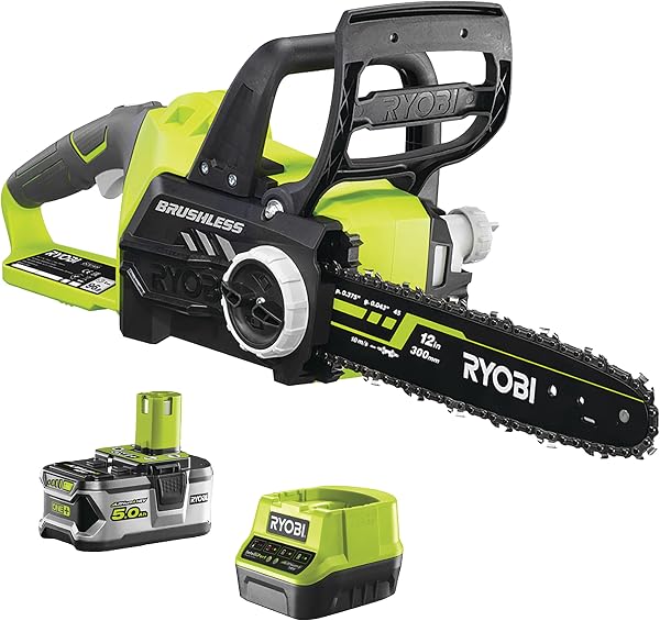 Tronçonneuse RYOBI 18V One+ brushless, 30 cm de chaîne, batterie 5.0 Ah, antivibration
