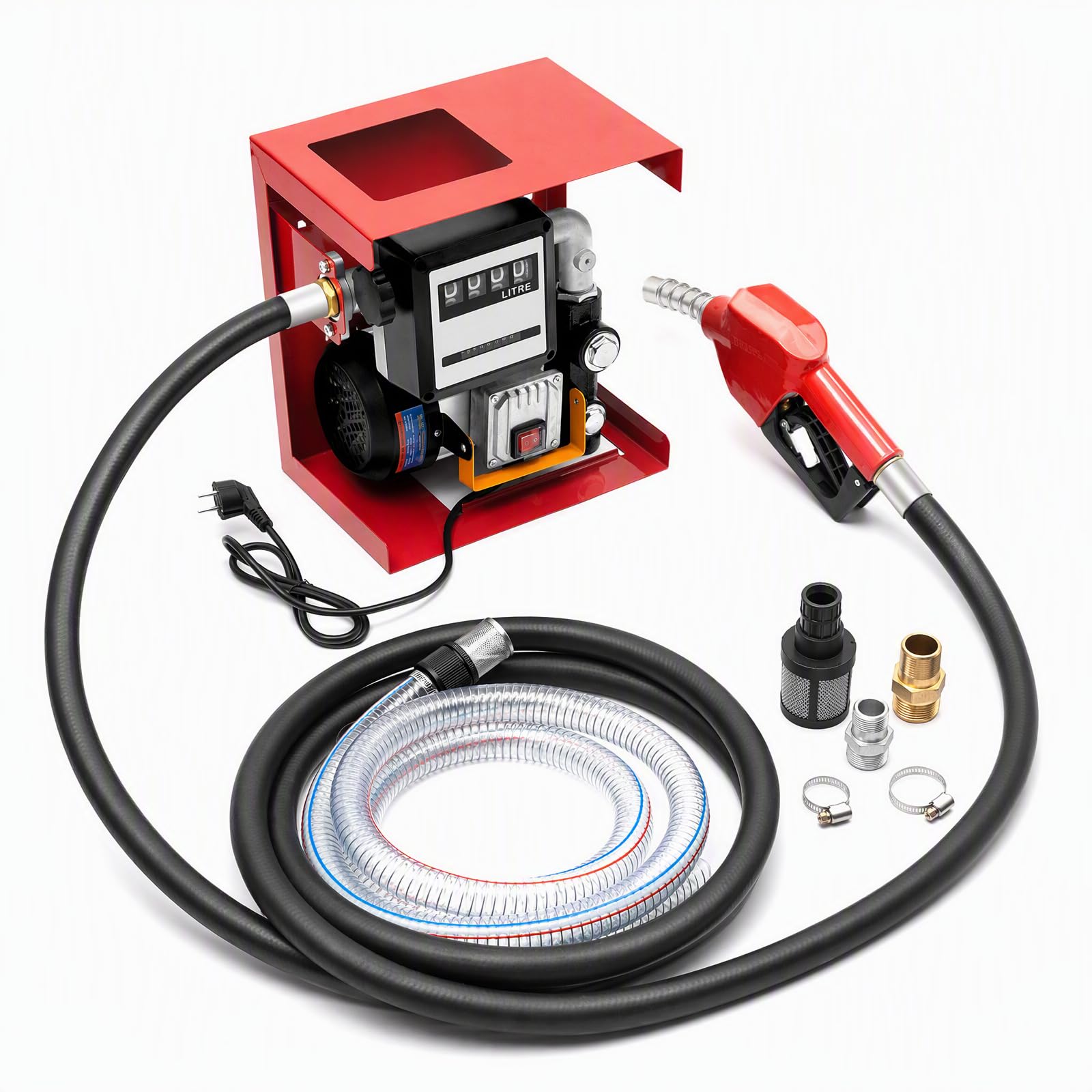 Pompa Travaso Gasolio 550 W 60 L/min Autoadescante con Contatore | Pompa Elettrica con Pistola Automatica, Corpo in Ghisa e Tubi da 2 e m, per Trattori e Macchine Agricole
