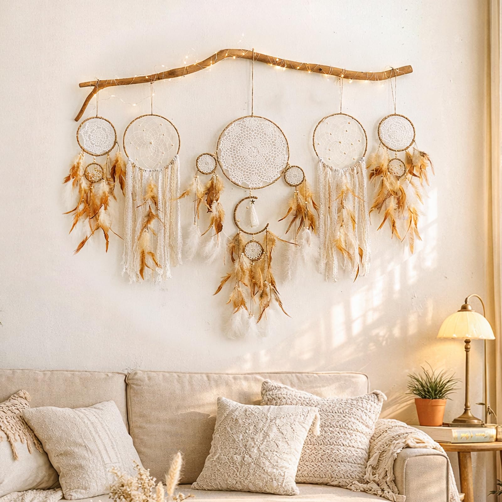 Traumfänger-Wanddekoration – handgefertigte Feder-Traumfänger, 78,7 cm, groß, Boho-Makramee, Wandbehang für Schlafzimmer, Erwachsene, Mond, Wandkunst, Indianer-Dekor für Frauen, Teenager, Mädchen, 5