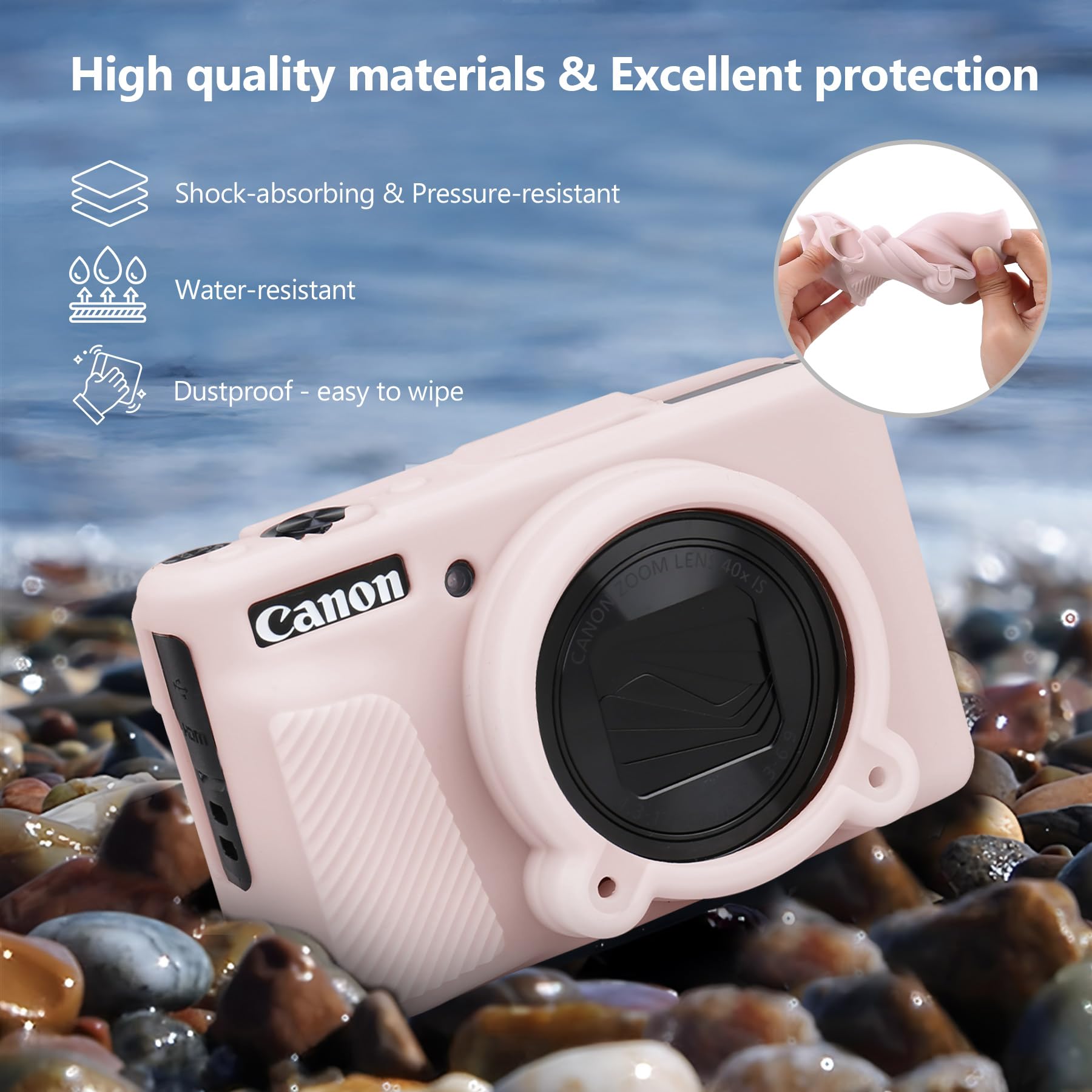Custodia per fotocamera Canon PowerShot SX740 HS, SX730 HS,custodia rigida*1+custodia morbida in silicone*1,custodia protettiva morbida in silicone con copriobiettivo rimovibile, Rosa gelatina